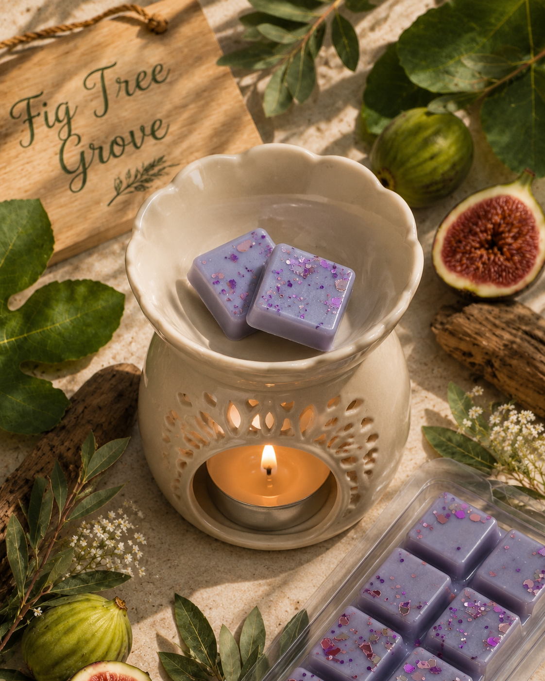 Lavender wax melts with purple glitter flakes displayed in a ceramic wax warmer with a lit tea light candle, surrounded by fig tree leaves, figs, and a wooden sign reading 'Fig Tree Grove'.