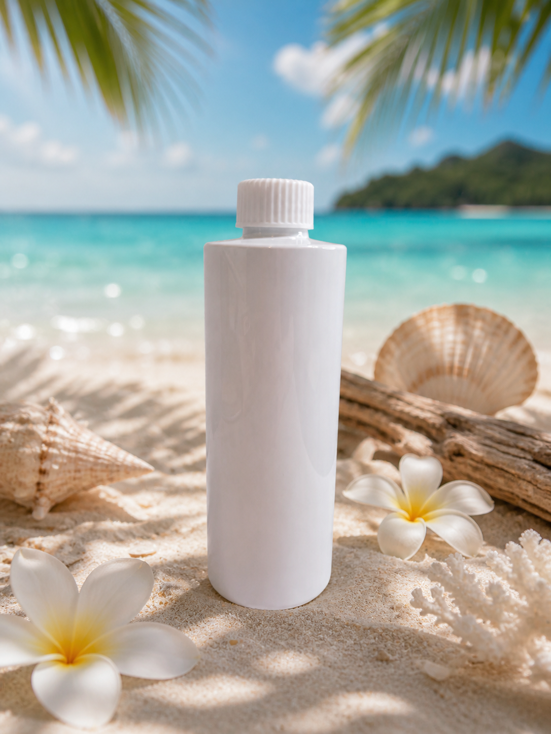 White reed diffuser refill bottle on a sandy beach with shells and flowers