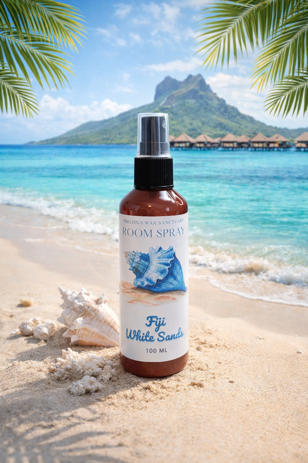 Room Spray bottle on a beach with ocean and mountain background