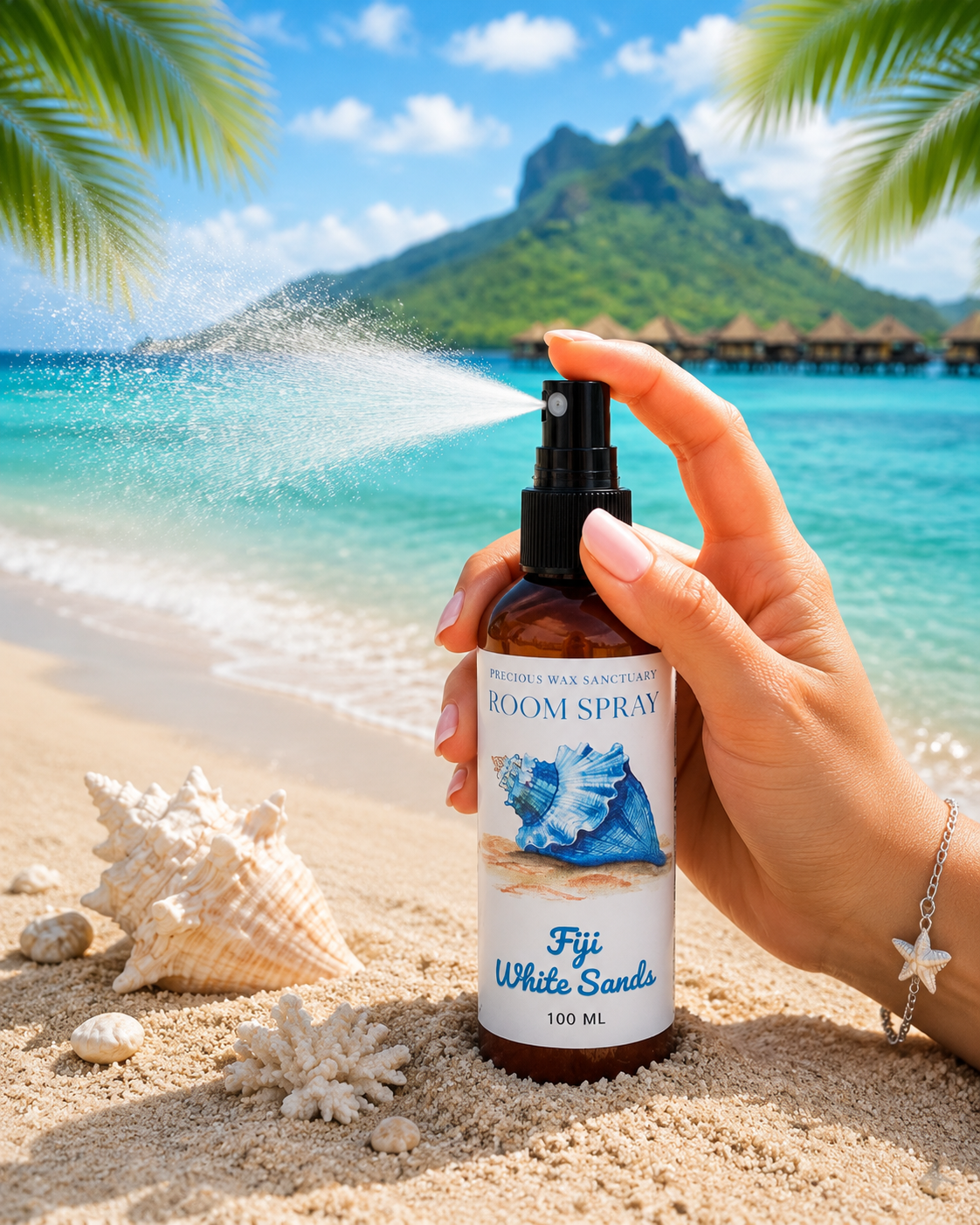 Fiji white sands room spray being spritzed on beach shell background theme.