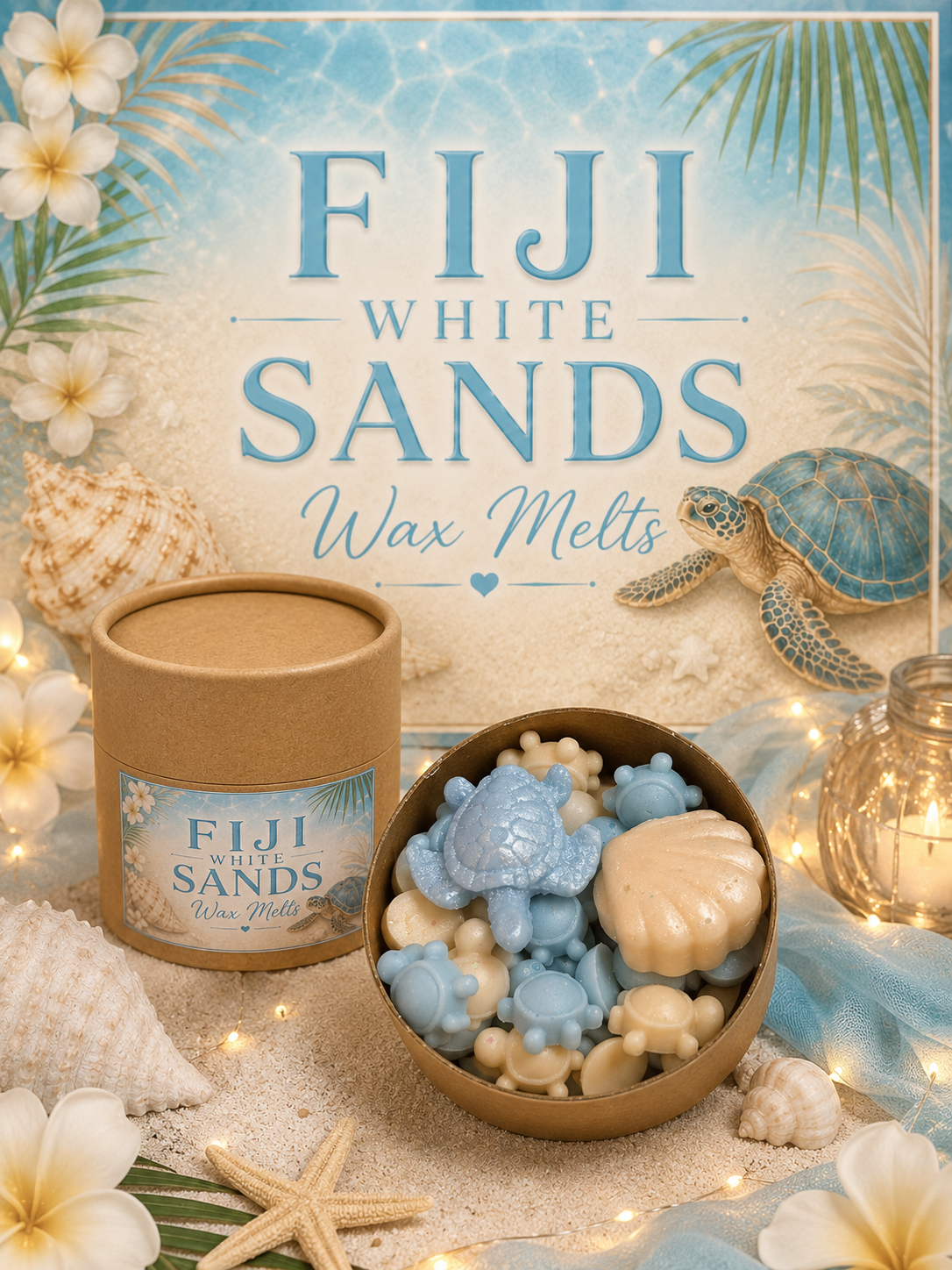 Fiji White Sands wax melts with packaging on a beach-themed background