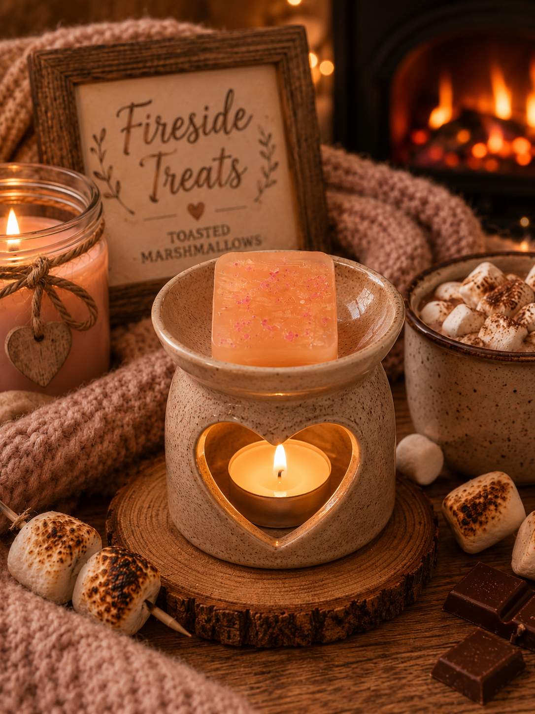 A warm cozy scene featuring a ceramic candle wax warmer with a heart-shaped cutout, lit with a tealight candle and holding a pink gel wax cube. The setup includes marshmallows, chocolate pieces, a knit blanket, a jar candle, and a framed sign reading 'Fireside Treats'.
