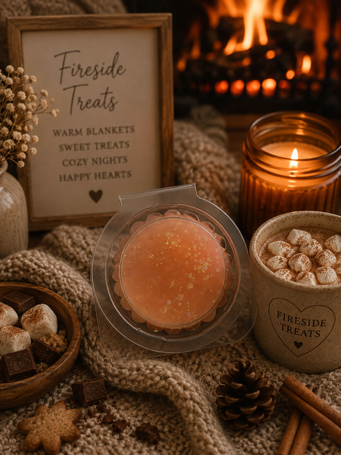A cozy fireplace scene featuring a round orange-pink fireside treat gel wax melt in a clear plastic container, surrounded by warm props including a lit candle, a mug of marshmallow hot chocolate, a sign reading 'Fireside Treats,' and other autumn-themed items.
