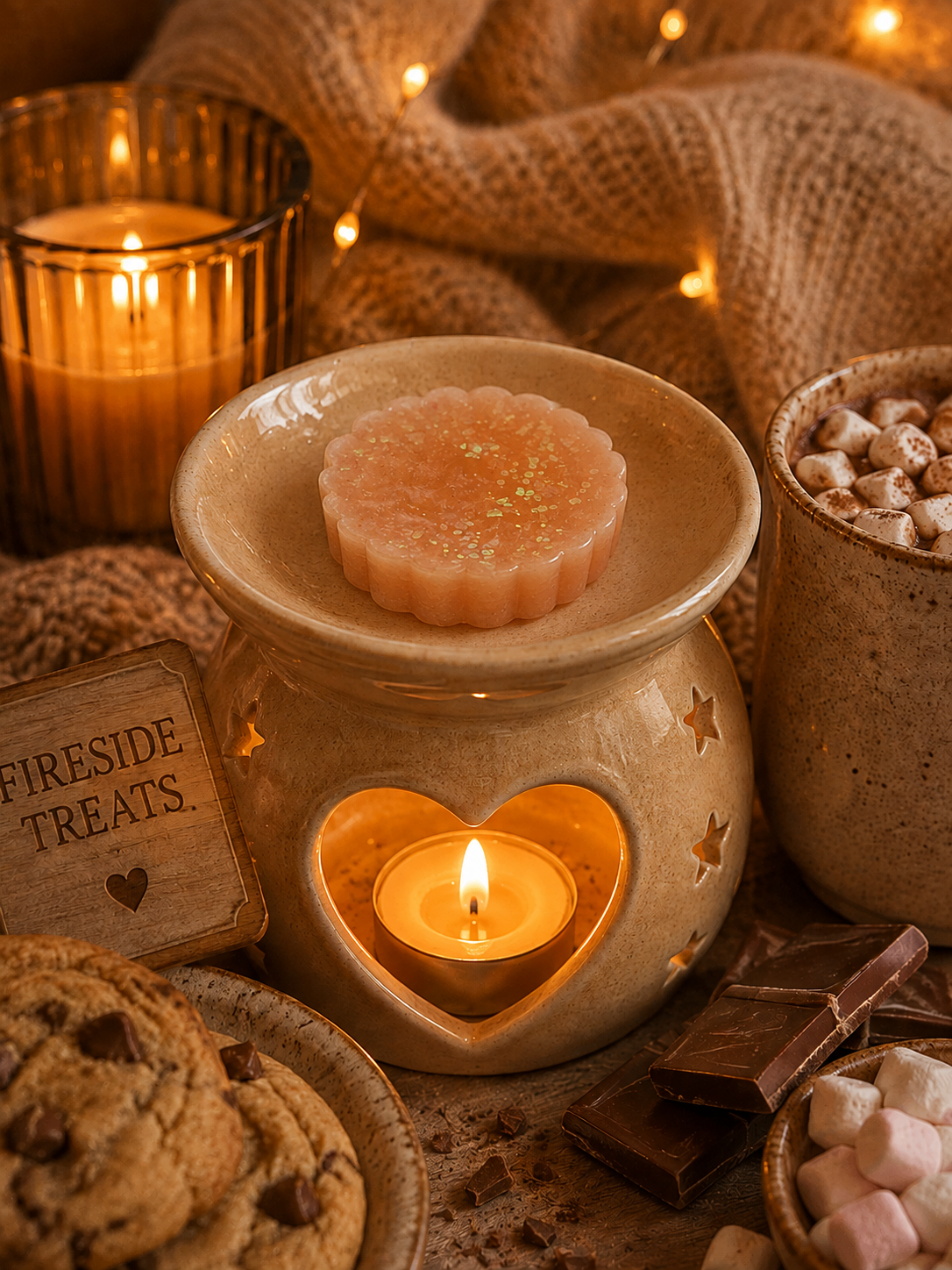 A warm cozy scene with a beige ceramic wax warmer holding a lit tealight candle and a gel wax melt, surrounded by candles, burlap fabric, marshmallows, chocolate pieces, and cookies. A small sign reads 'FIRESIDE TREATS'.