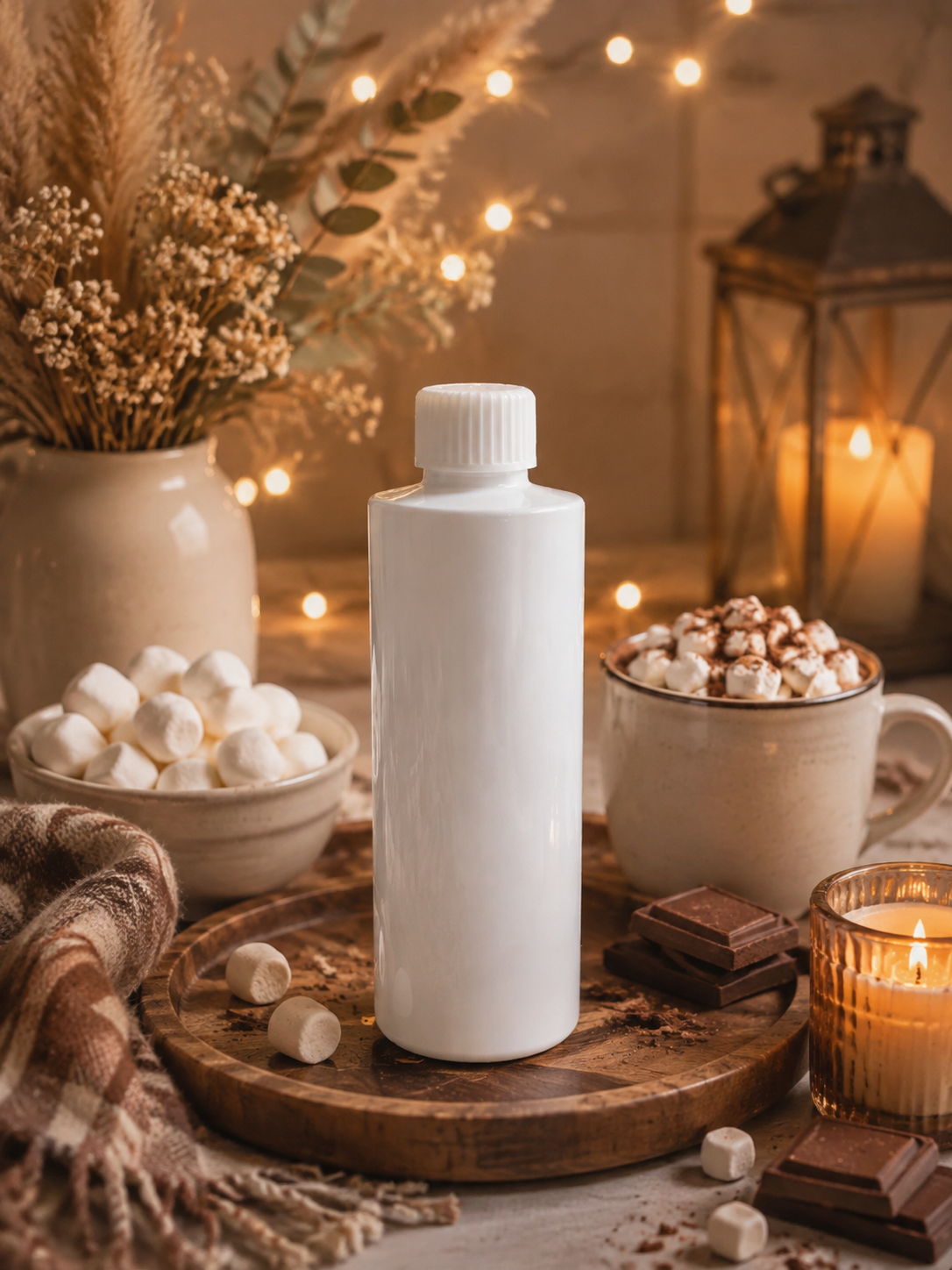 A tall, matte fireside treats reed diffuser refill white bottle with a ribbed screw cap stands centered on a round wooden tray, surrounded by cozy fall props including marshmallows, hot chocolate, chocolate chunks, candles, dried flowers, and string lights.