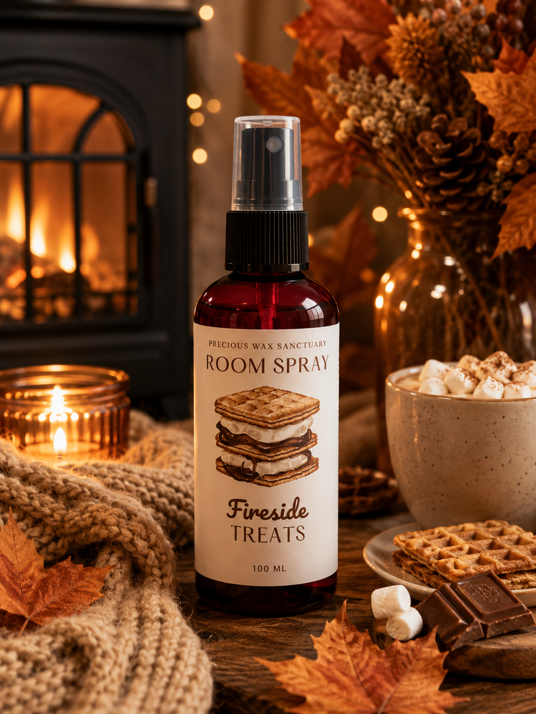 A 100 ml room spray bottle labeled 'Precious Wax Sanctuary Room Spray Fireside Treats' styled on a rustic wooden table with autumn props including a burning fireplace, a knit blanket, marshmallows, chocolate, and fall leaves.