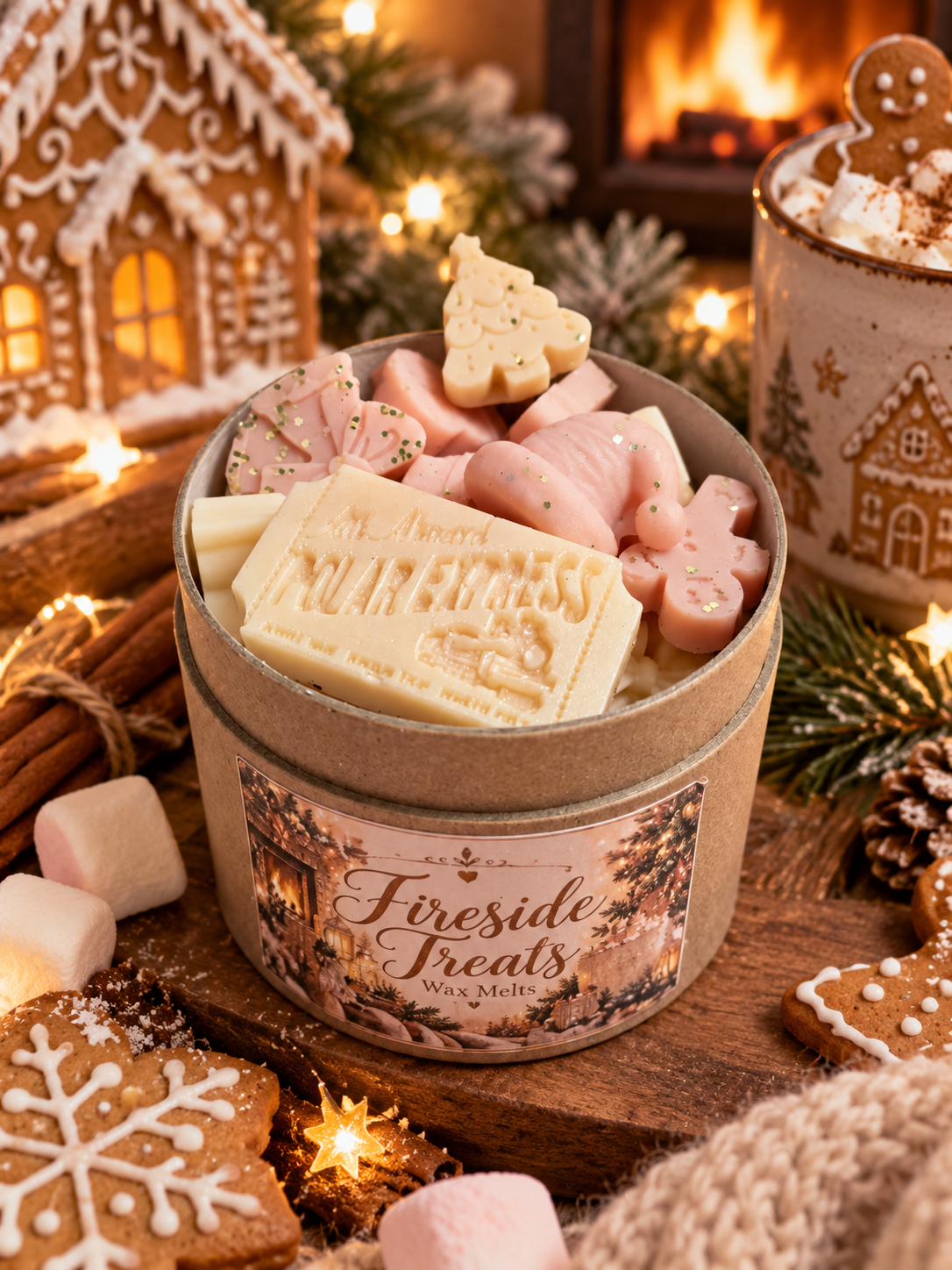 A round tin of Fireside Treats wax melts filled with pink and cream holiday treats, styled on a wooden surface with gingerbread cookies, marshmallows, and a cozy fireplace background.