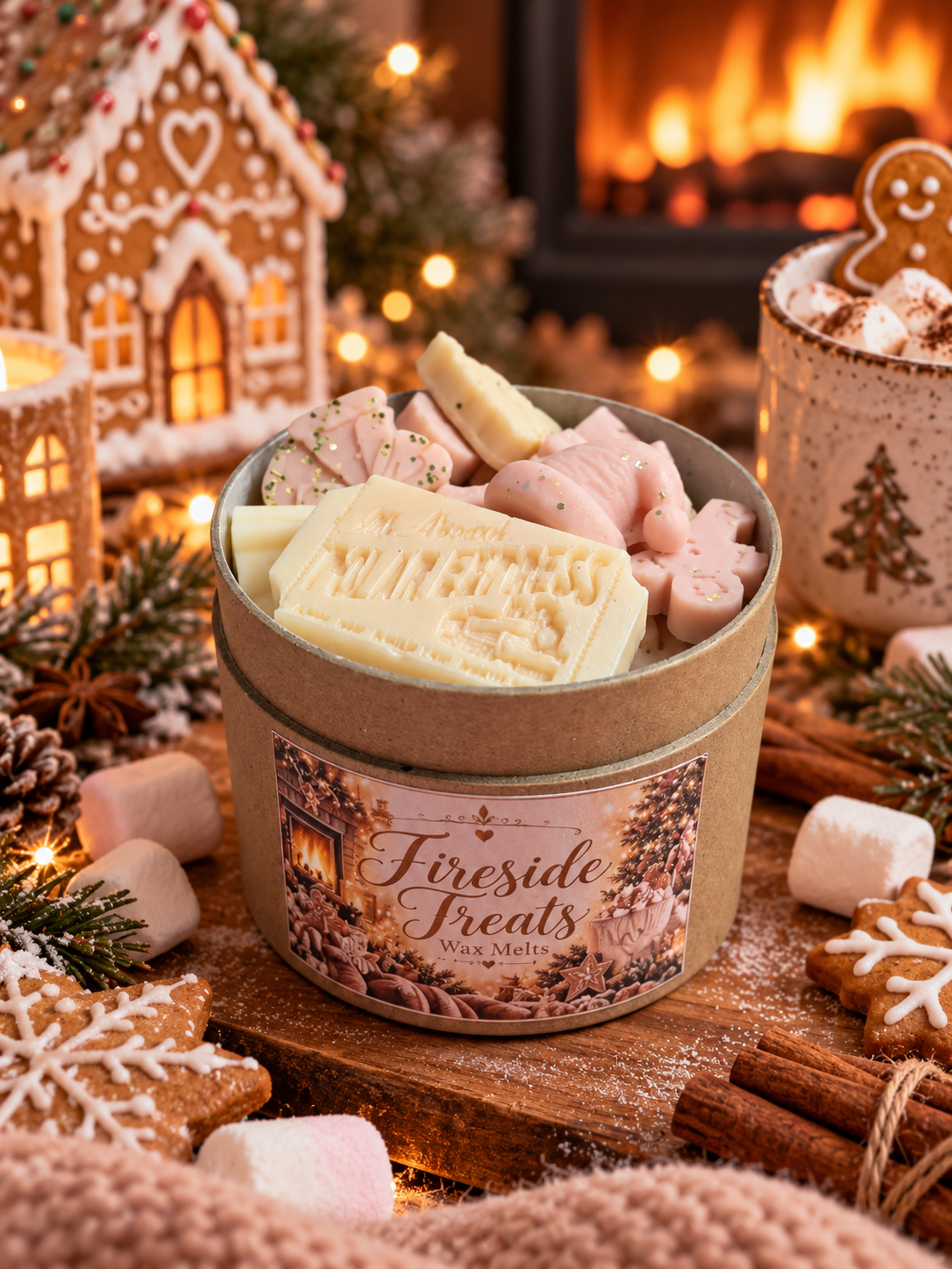 A round tin of Fireside Treats Wax Melts filled with pale cream and pink wax melts, styled on a rustic wooden surface with marshmallows, gingerbread cookies, pinecones, and a cozy fireplace background.