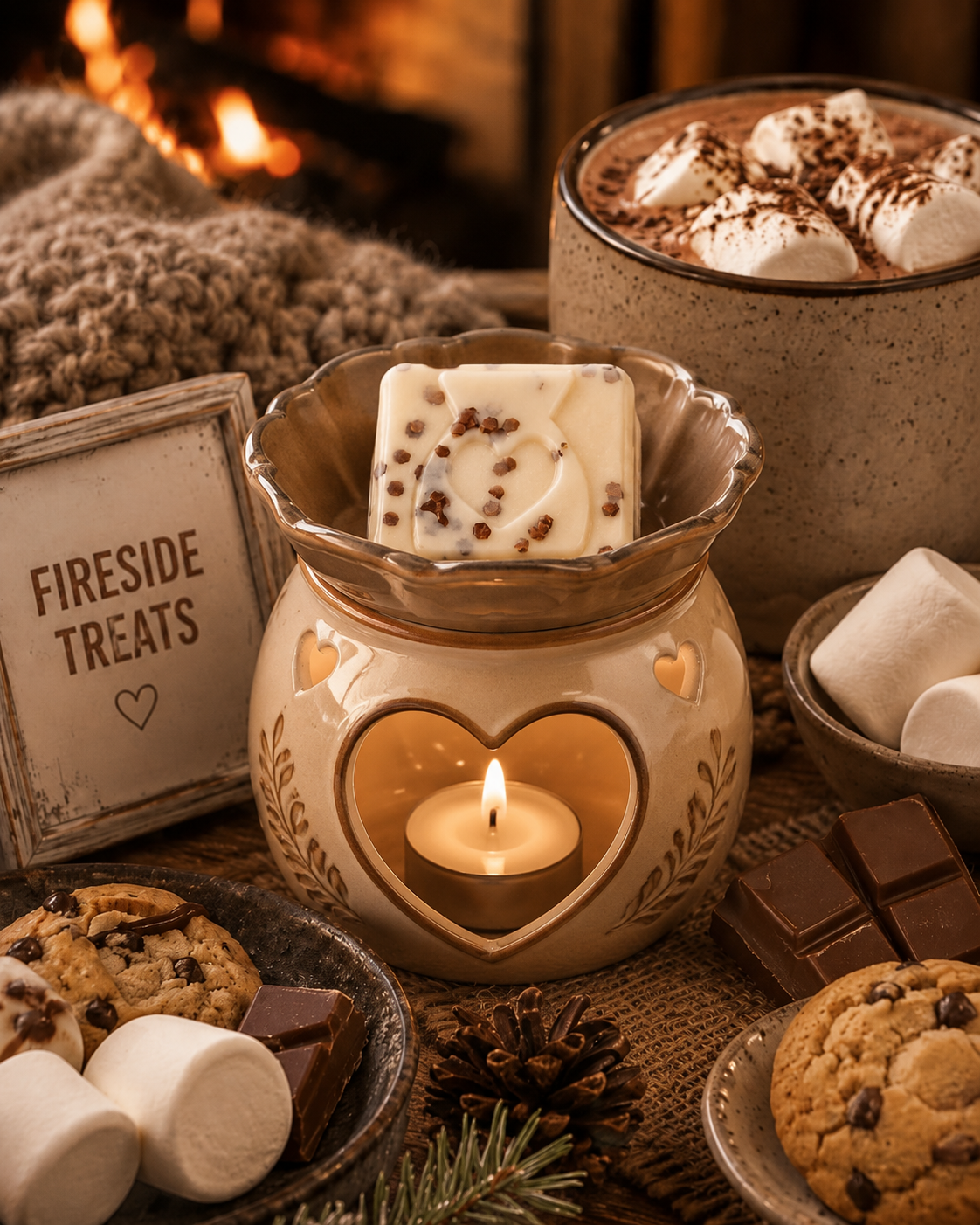 Fireside Treats Wax Melt Sample in burner surrounded by chocolate, marshmallow and cookies.