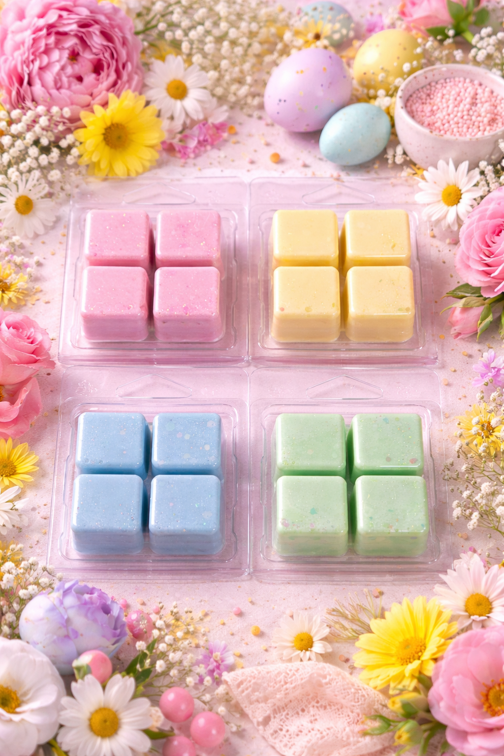 Pastel-colored wax melts in clear packaging surrounded by flowers
