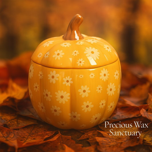Yellow ceramic pumpkin with floral patterns on a background of autumn leaves, featuring 'Precious Wax Sanctuary' text.