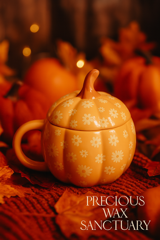 Pumpkin-shaped mug with floral pattern on a textured surface with blurred pumpkins in the background.
