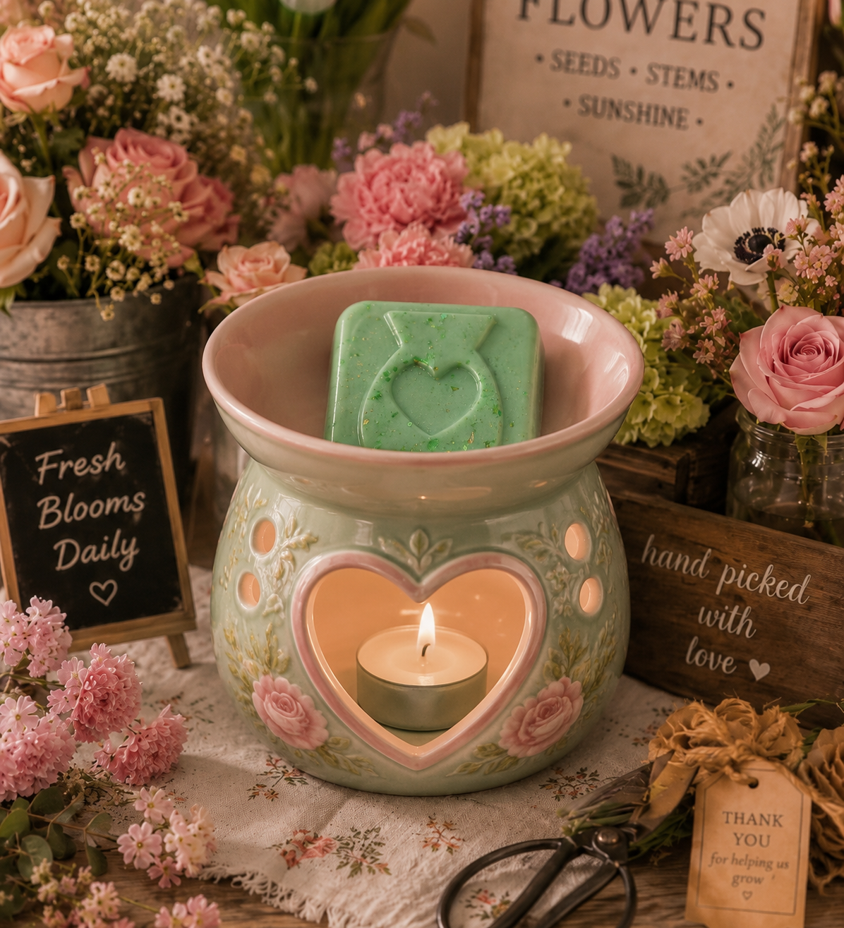 A pastel ceramic heart-shaped wax warmer with a lit tealight candle and wax melt styled in a floral arrangement with pink roses, green soap, and rustic signs.