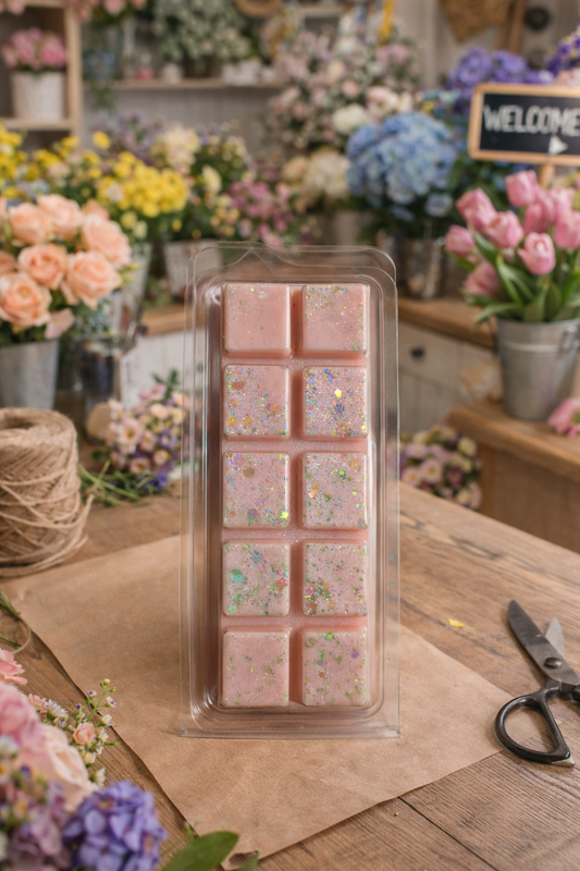 Packaged pink wax melts on a wooden table with flowers and scissors in the background