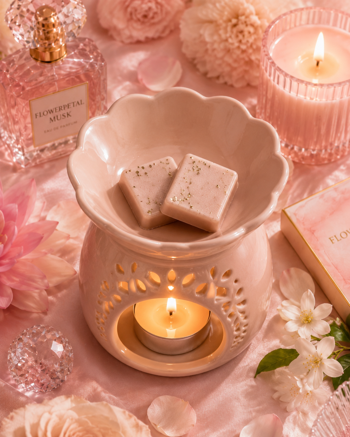 A pink ceramic scented candle warmer with a lit tea light candle inside, holding two small square wax melts. The scene is styled with pink flowers, petals, a pink perfume bottle labeled 'Flowerpetal Musk,' a pink candle in a glass holder, and a pink book or box.