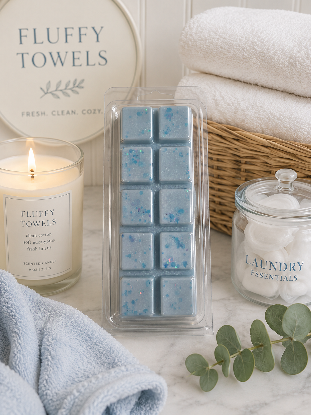 Pack of blue wax melts with a candle, towel, and laundry essentials on a marble surface.