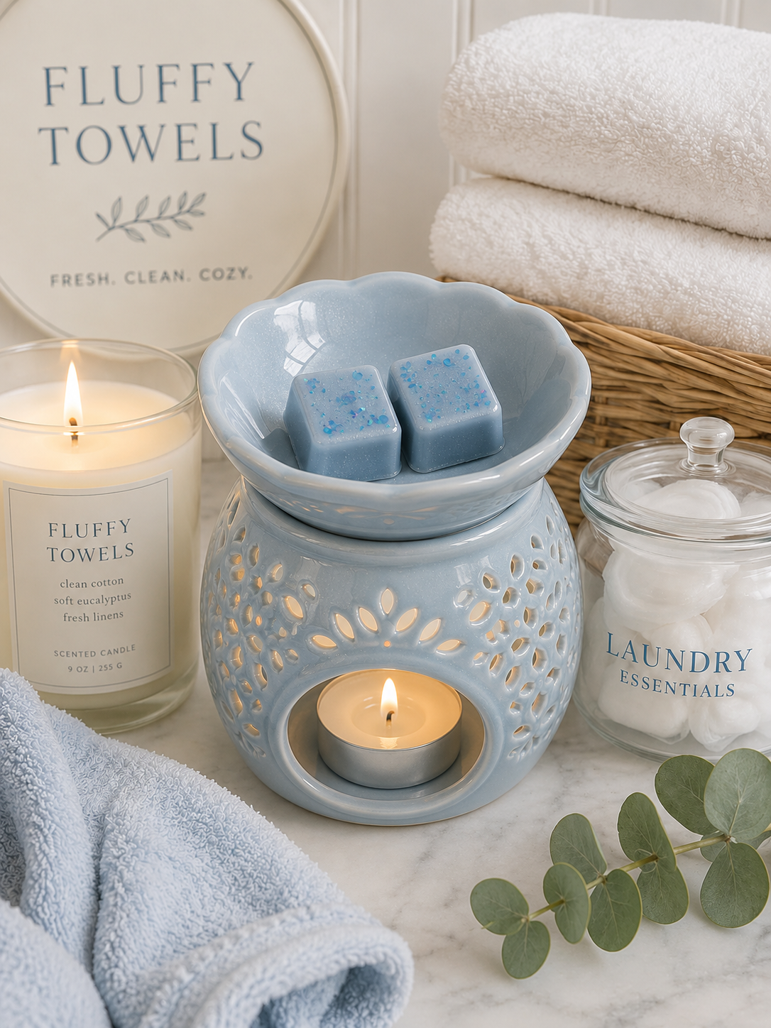 fluffy towels wax melts in burner in laundry room.