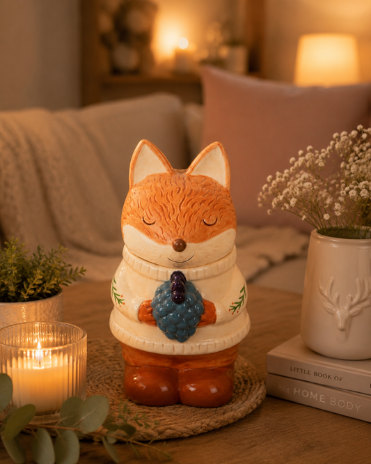 Cosy fox burner in home with autumn cosy background.