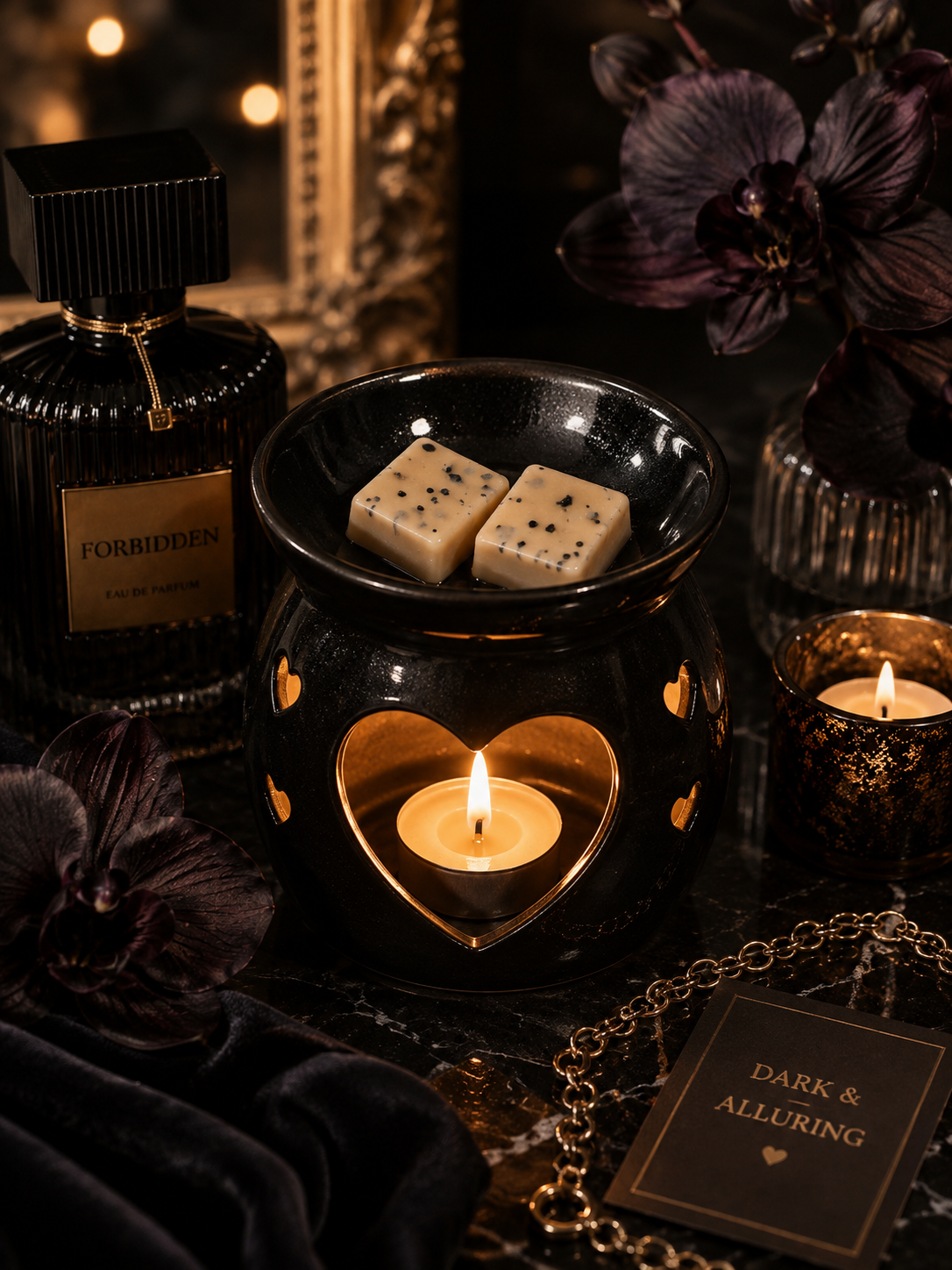 A moody, dark-themed product arrangement featuring a black heart-shaped wax warmer with a lit candle inside, two beige wax cubes with black specks in the bowl, a black perfume bottle labeled 'FORBIDDEN', a card reading 'DARK & ALLURING', and dark purple flowers on a dark marble surface.