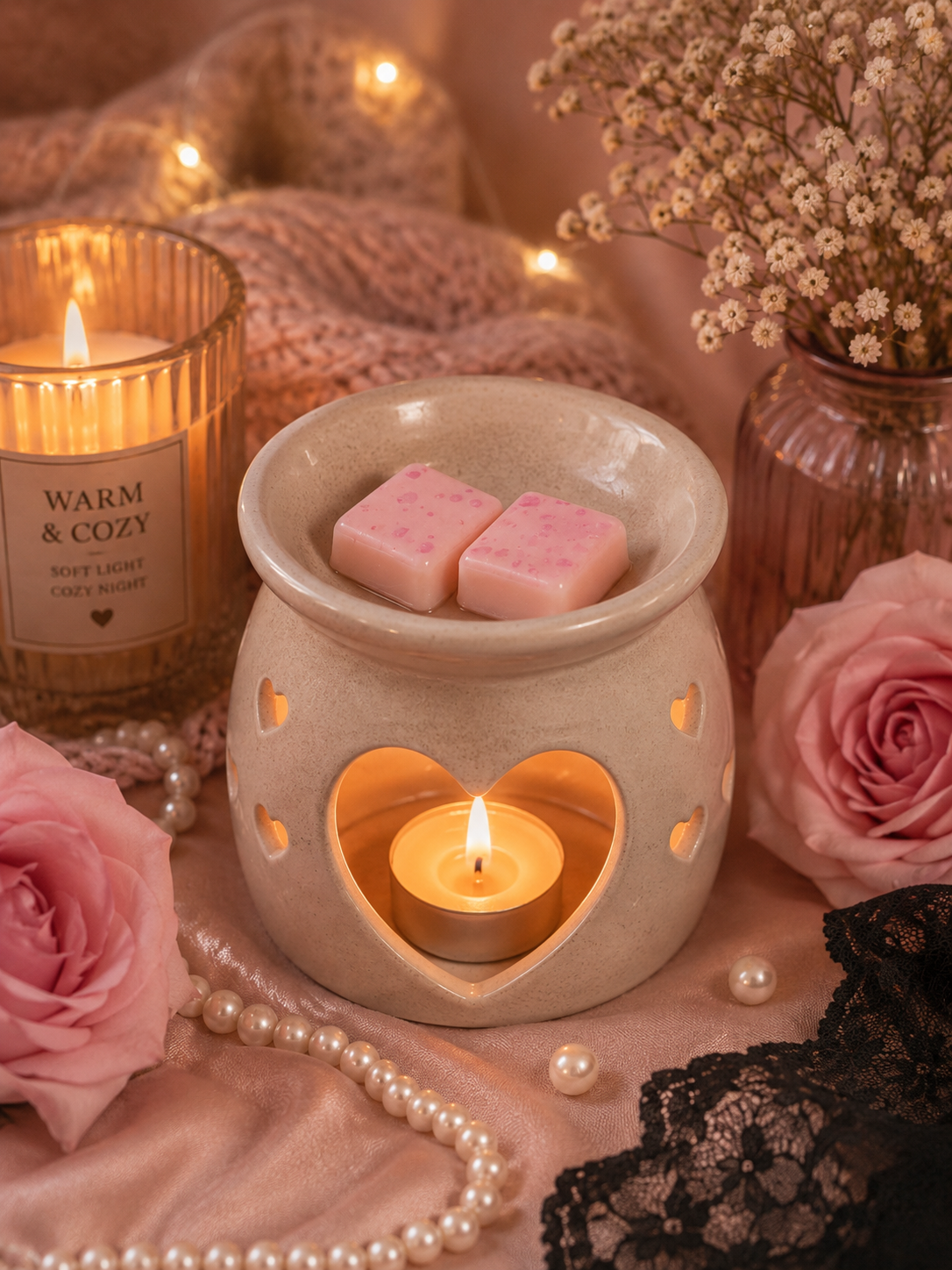 A heart-shaped ceramic wax warmer with a lit tea light candle inside, styled with pink wax melts on top, surrounded by pink roses, pearl beads, lace, and a candle jar on a soft pink fabric background.