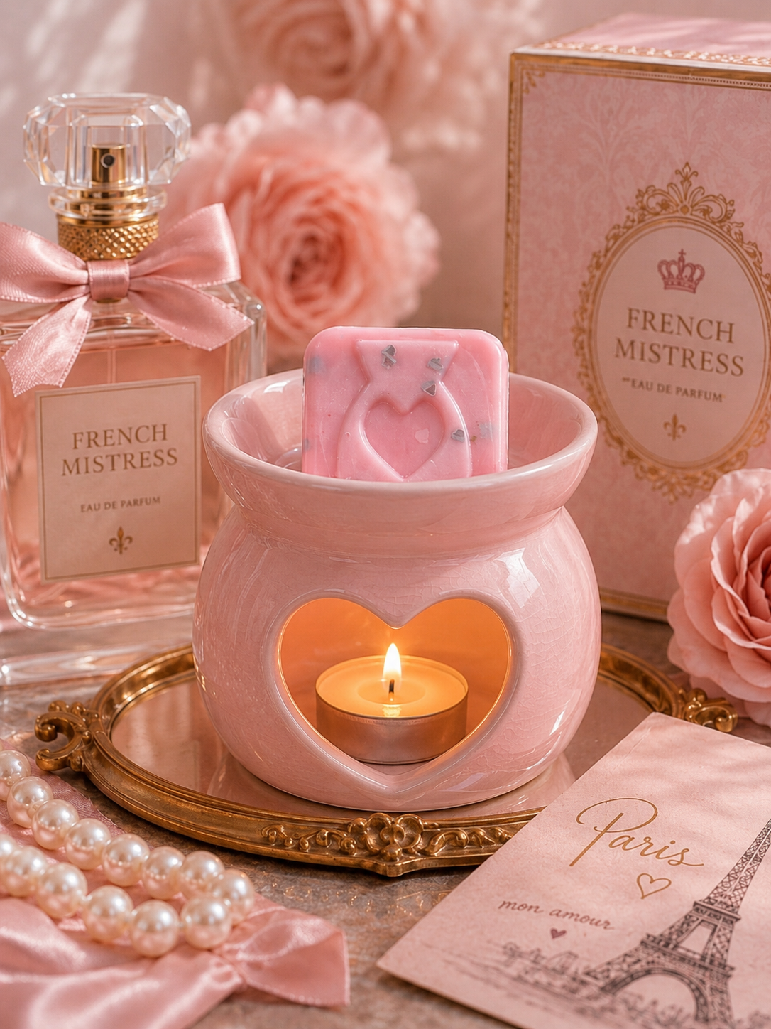 A pink ceramic heart-shaped wax warmer with a lit tealight candle, styled with a pink perfume bottle, a pink soap bar with a heart motif, a pink gift box labeled 'French Mistress', pink roses, pearls, and a Paris-themed card.