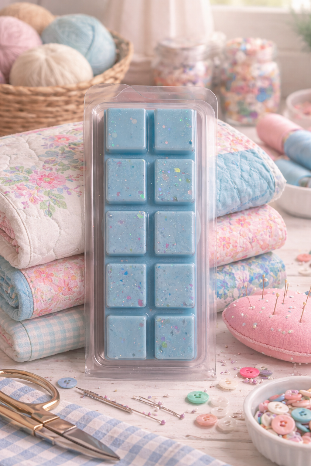 Packaged blue wax melts on a table with sewing supplies and fabric in the background