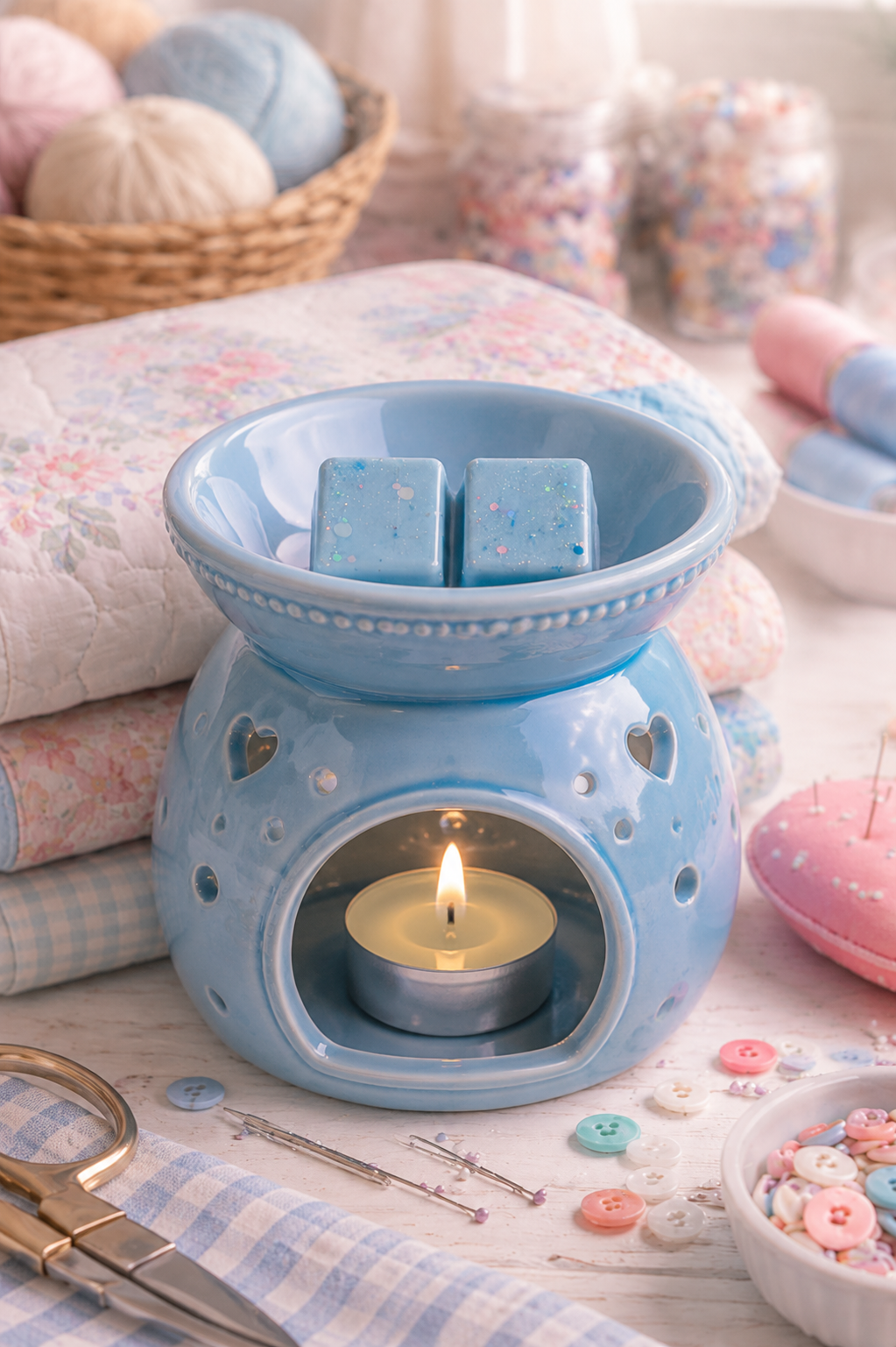A light blue ceramic wax warmer with a lit tealight candle inside with wax melts styled on a tabletop with folded quilts, buttons, scissors, and yarn balls in the background.