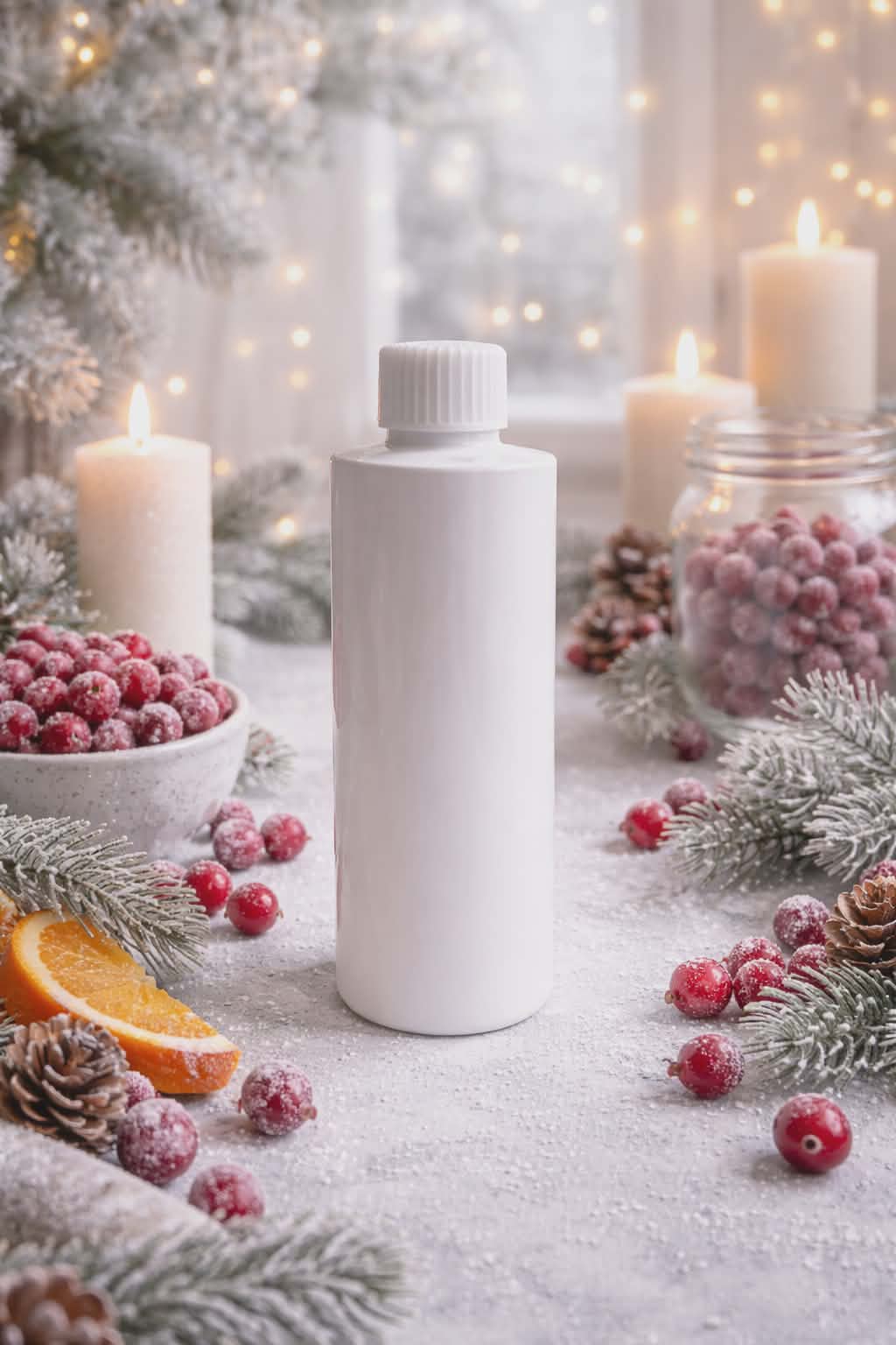 Christmas frosted cranberry reed diffuser refill with snowy background.
