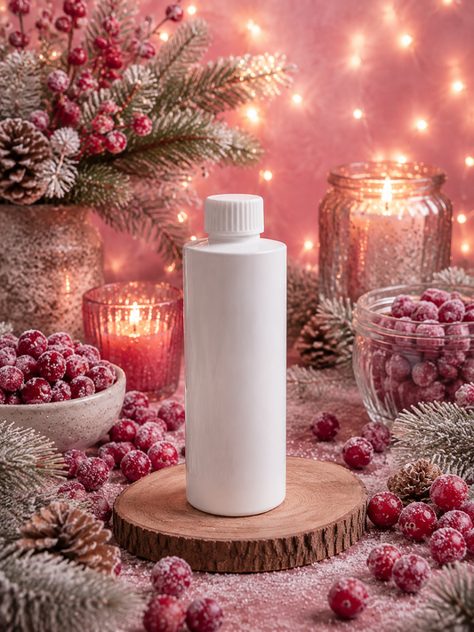 Christmas frosted cranberry reed diffuser refill bottle surrounded by frosted cranberries and snowy decor.