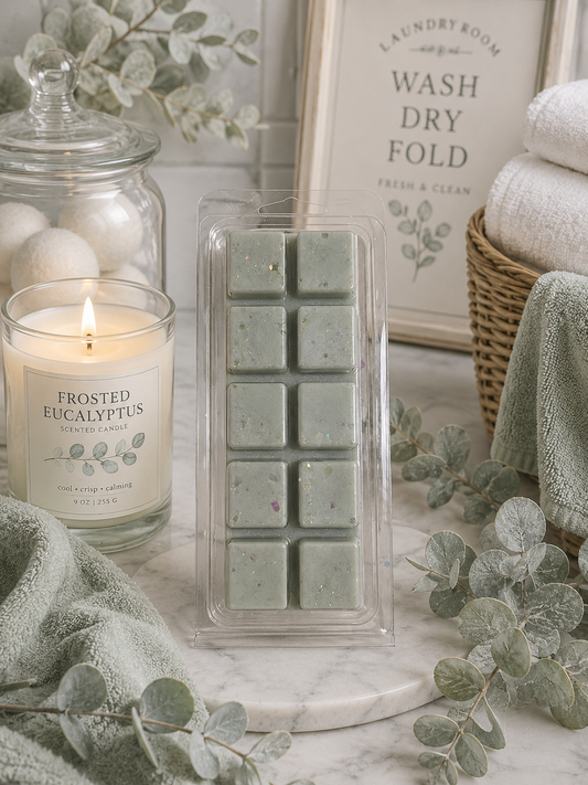 Frosted Eucalyptus wax melts in a clear packaging with a lit candle and eucalyptus leaves on a marble surface.