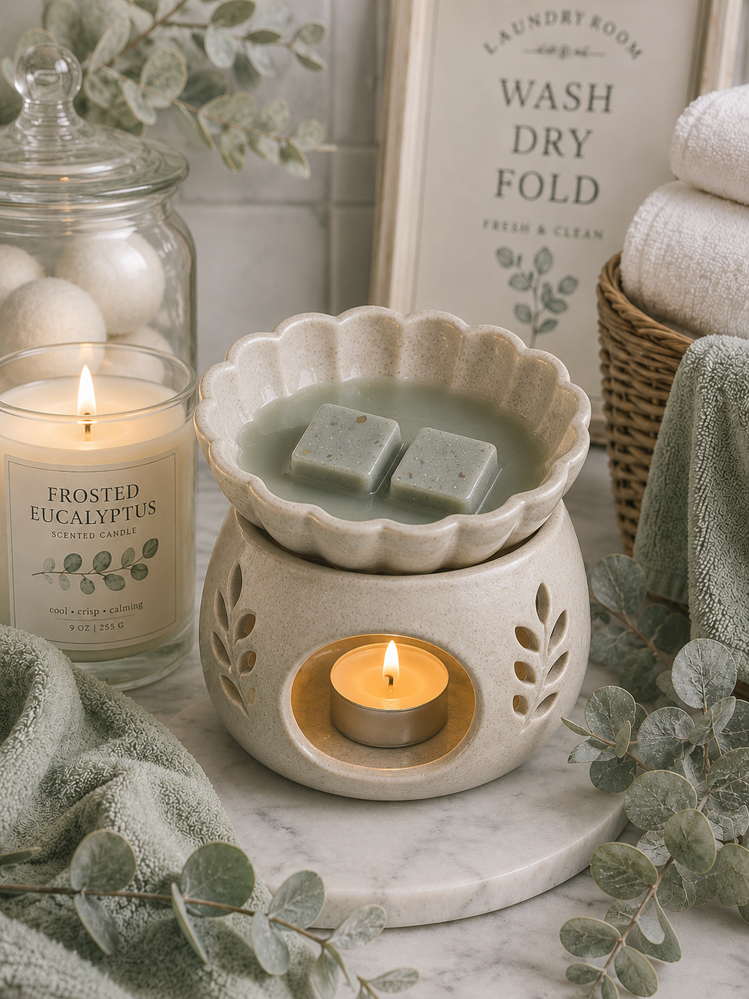 A ceramic scented wax warmer with a lit tea light candle inside, holding two green wax melts in a scalloped bowl. The scene is styled with a frosted eucalyptus candle, a glass jar, folded towels, and eucalyptus leaves on a marble surface.