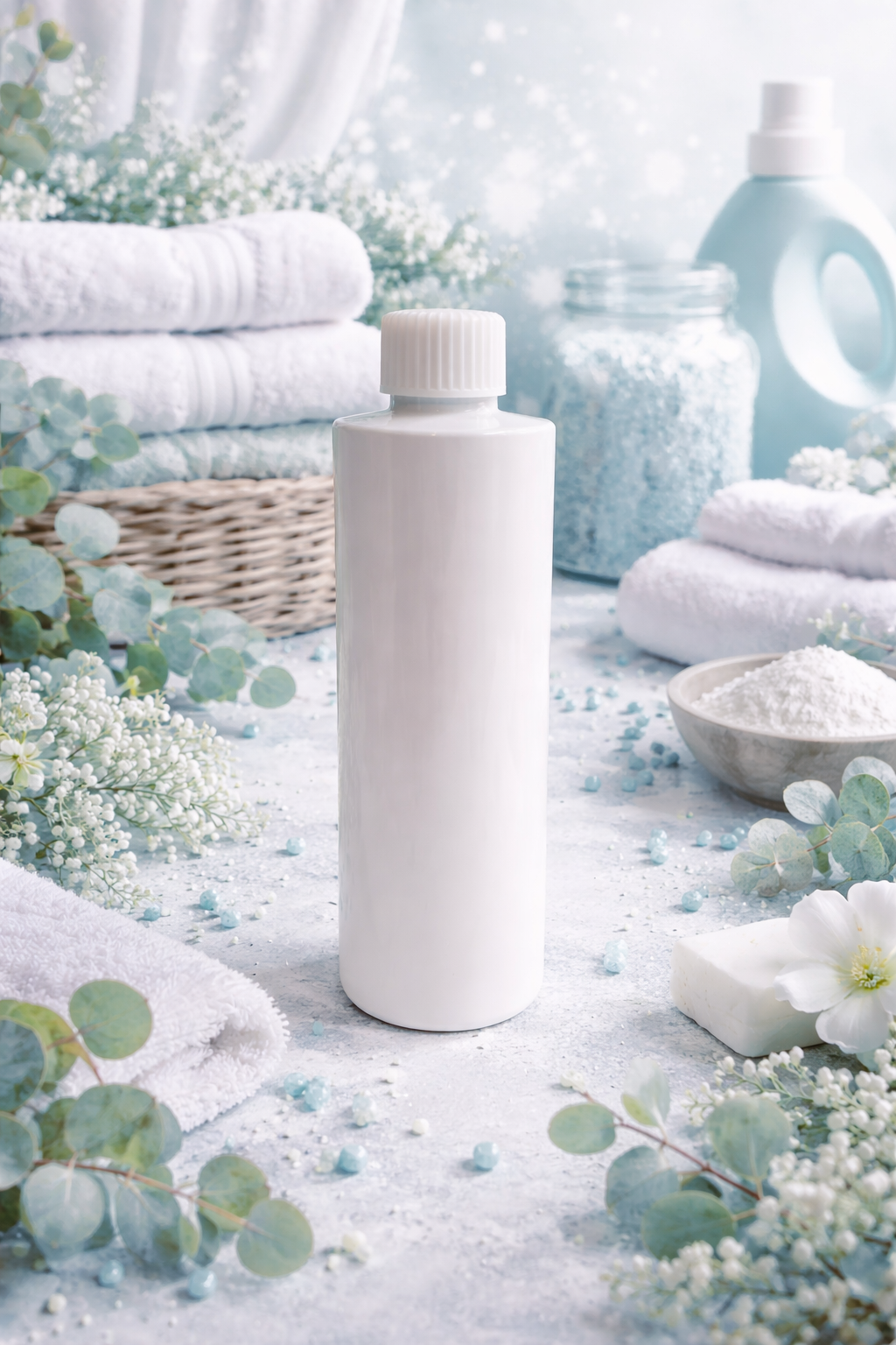 Reed diffuser refill White bottle with cleaning products and towels on a light background