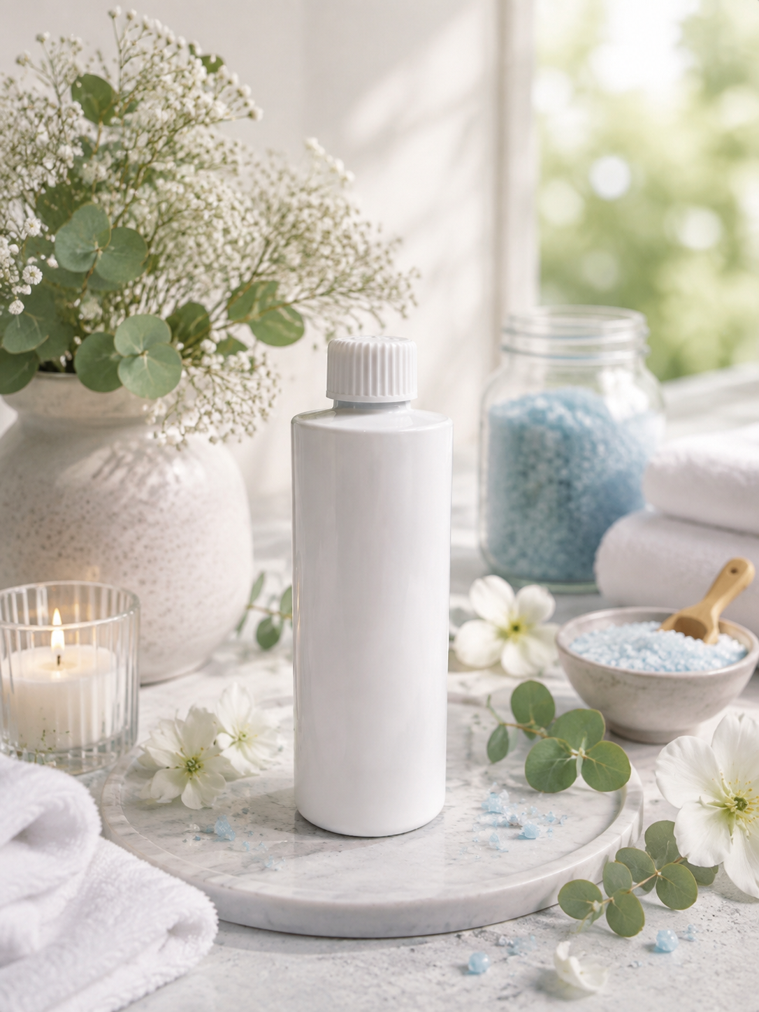 Reed diffuser refill in frosted Eucalyptus with laundry background.