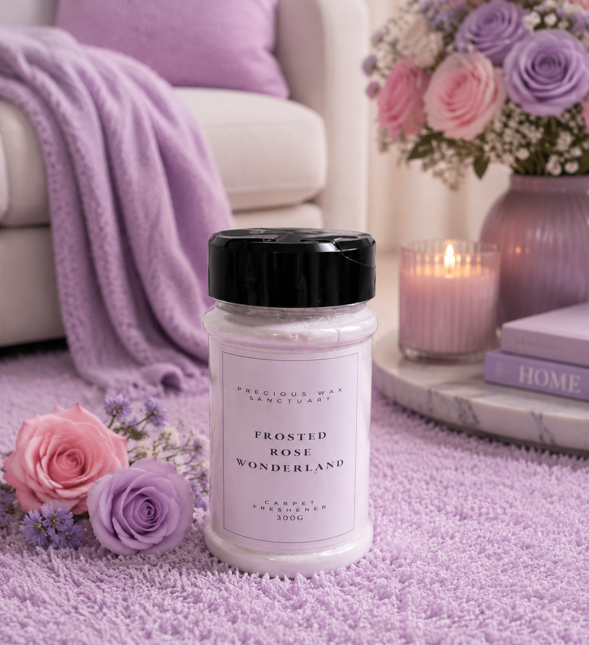 A jar of carpet freshener 'Frosted Rose Wonderland' by Precious Way Sanctuary sits on a lavender rug in a cozy living room setting with a lit candle, flowers, and a sofa in the background.