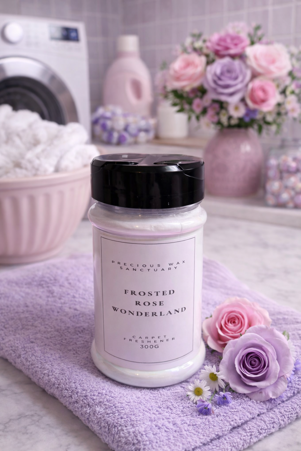 Carpet freshener labeled 'Frosted Rose Wonderland' on a towel with flowers and laundry items in the background