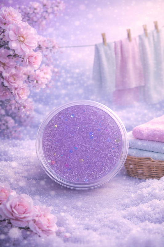Purple glittery gel wax melt pot container on a snowy surface with pink flowers and clothes in the background