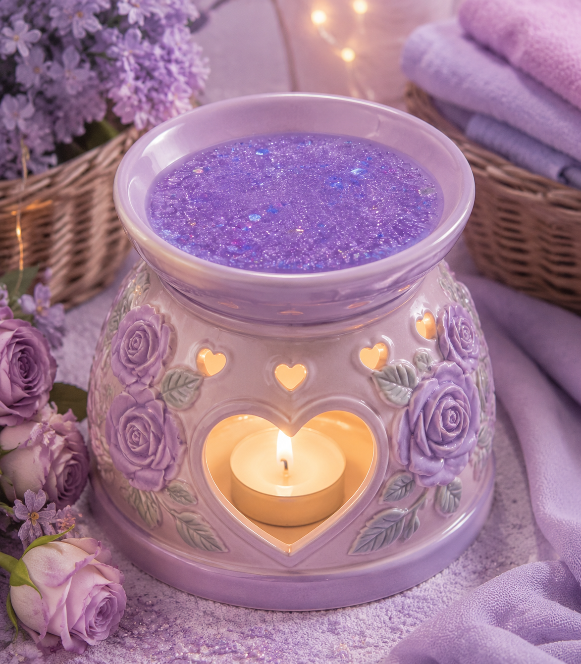 A lavender wax warmer with a heart-shaped candle holder in the center, filled with purple glittery gel wax. The warmer is decorated with embossed purple roses and heart-shaped cutouts that glow warm yellow light.