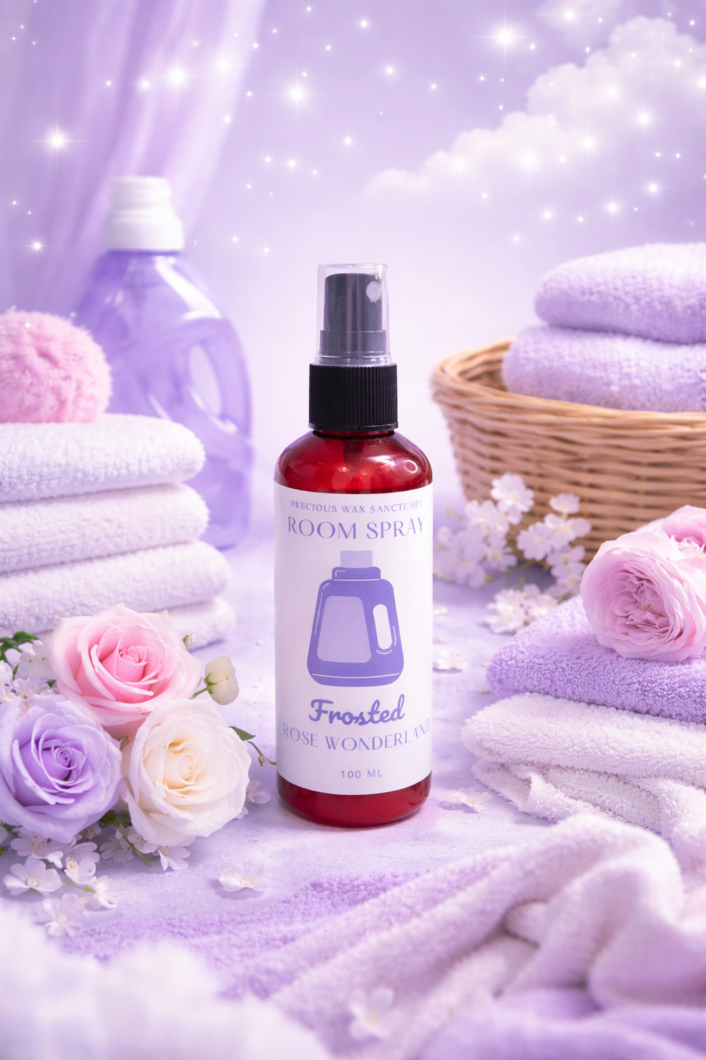 Room spray bottle labeled 'Frosted Rose Wonderland' on a decorative background with towels and flowers.