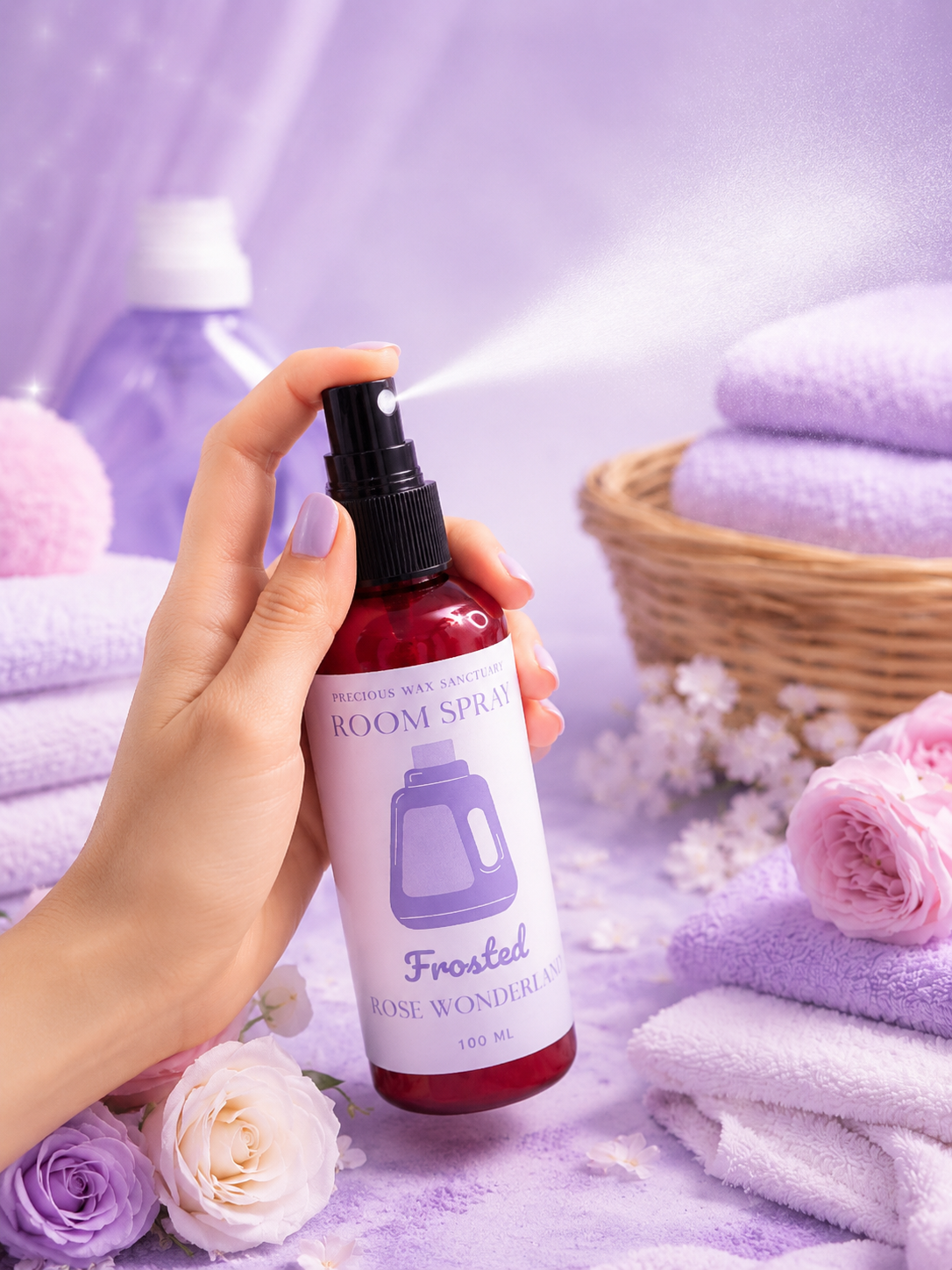 Frosted Rose Wonderland Room Spray being spritzed in purple and white laundry room.