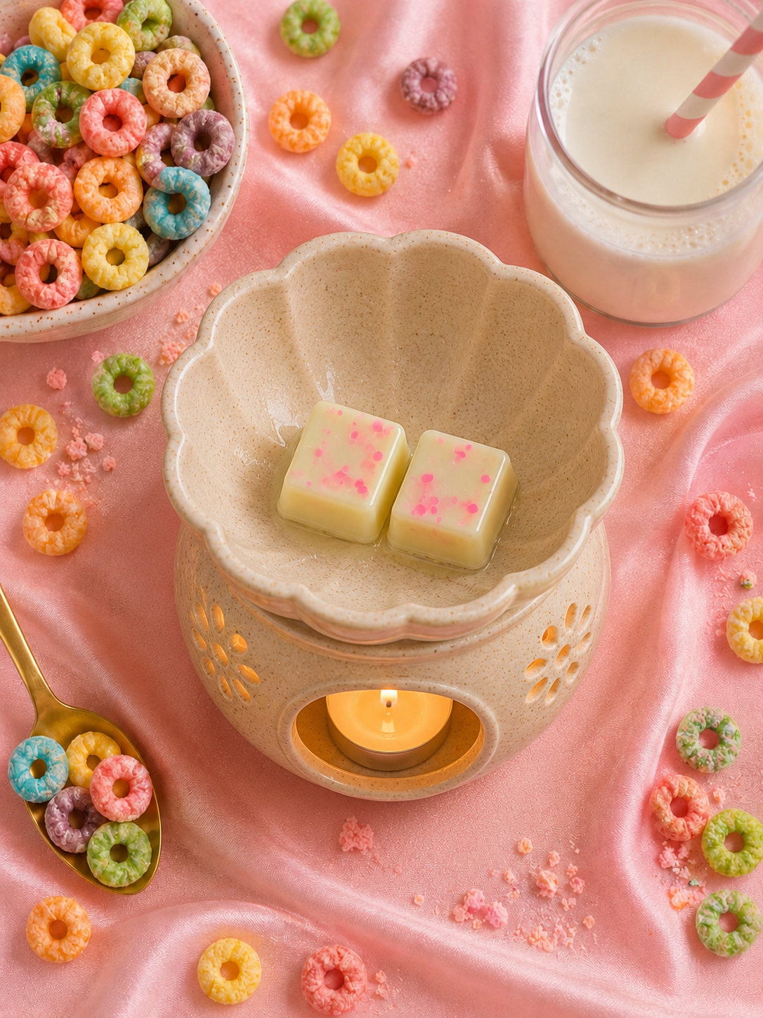 Candle warmer with two wax melts on a pink surface with colorful cereal loops.