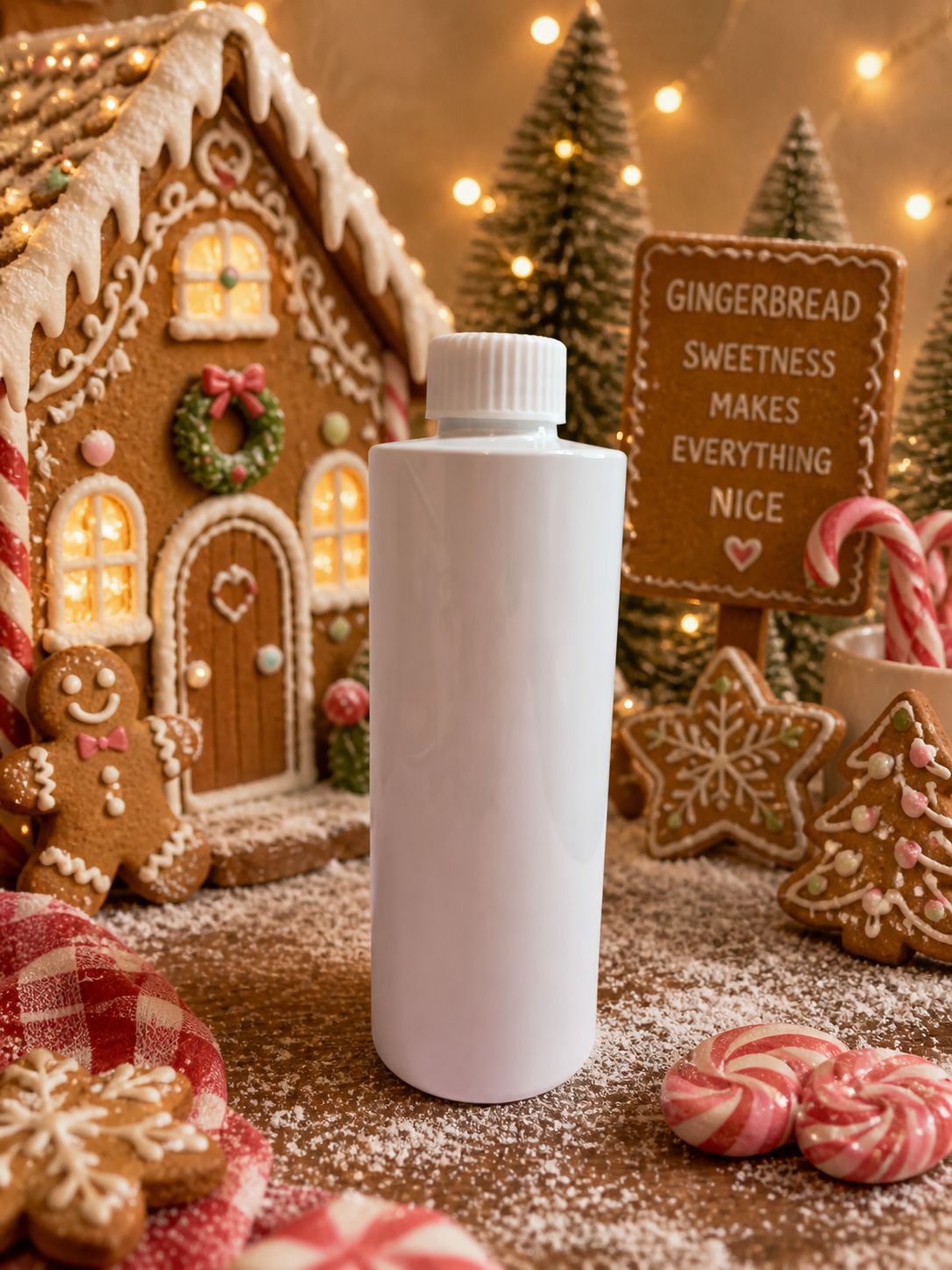 Reed diffuser refill White bottle in front of a gingerbread house and Christmas decorations