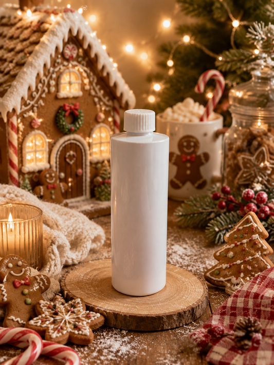 A tall, reed diffuser refill plain white plastic bottle with a ribbed cap stands centered on a round wooden slice. The scene is a cozy Christmas tabletop setup with gingerbread houses, lit candles, candy canes, and warm string lights in the background.
