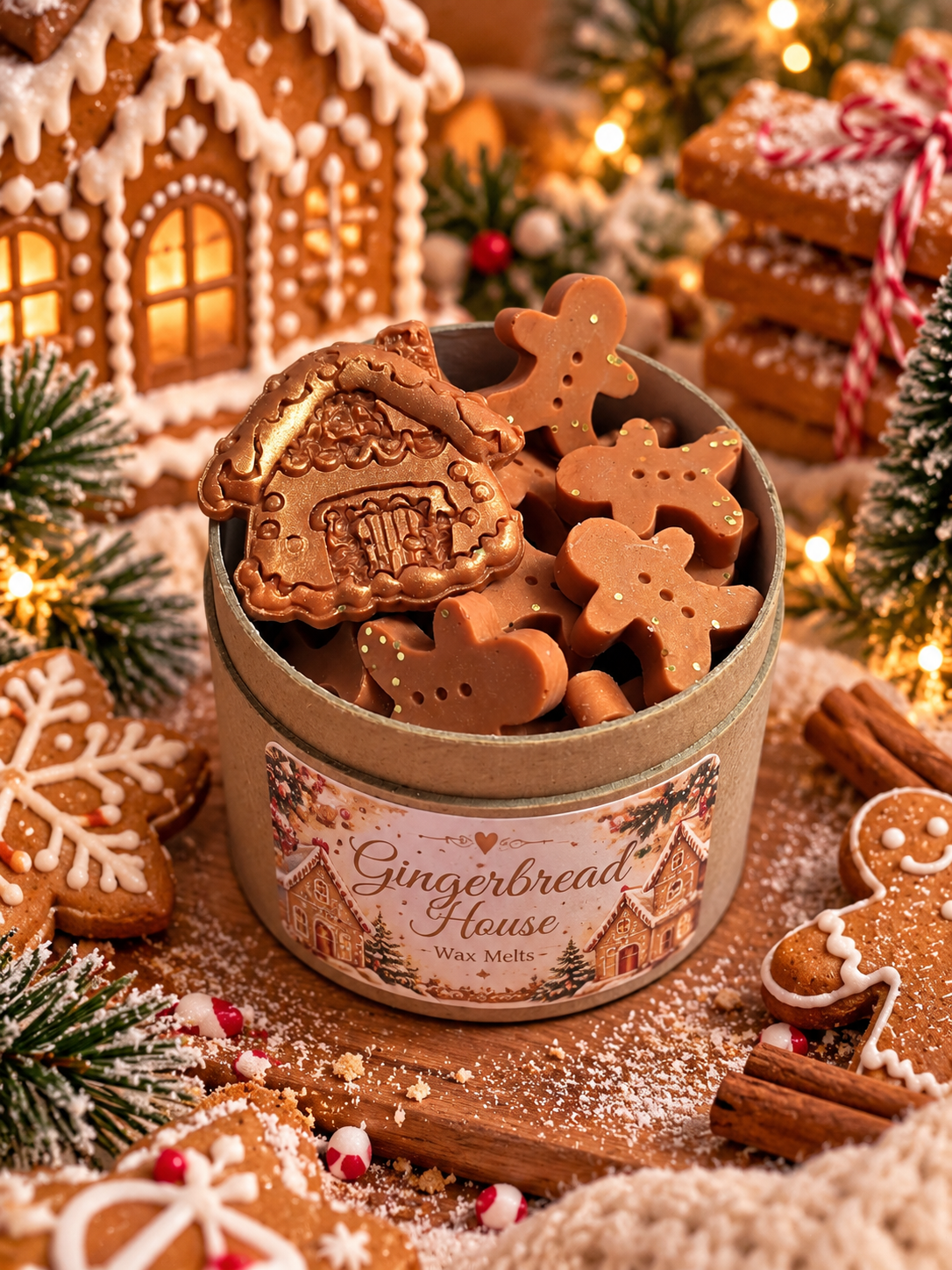 A tin of gingerbread house and gingerbread man wax melts surrounded by festive holiday decorations, including a gingerbread house, pine branches, cinnamon sticks, and more decorated cookies.