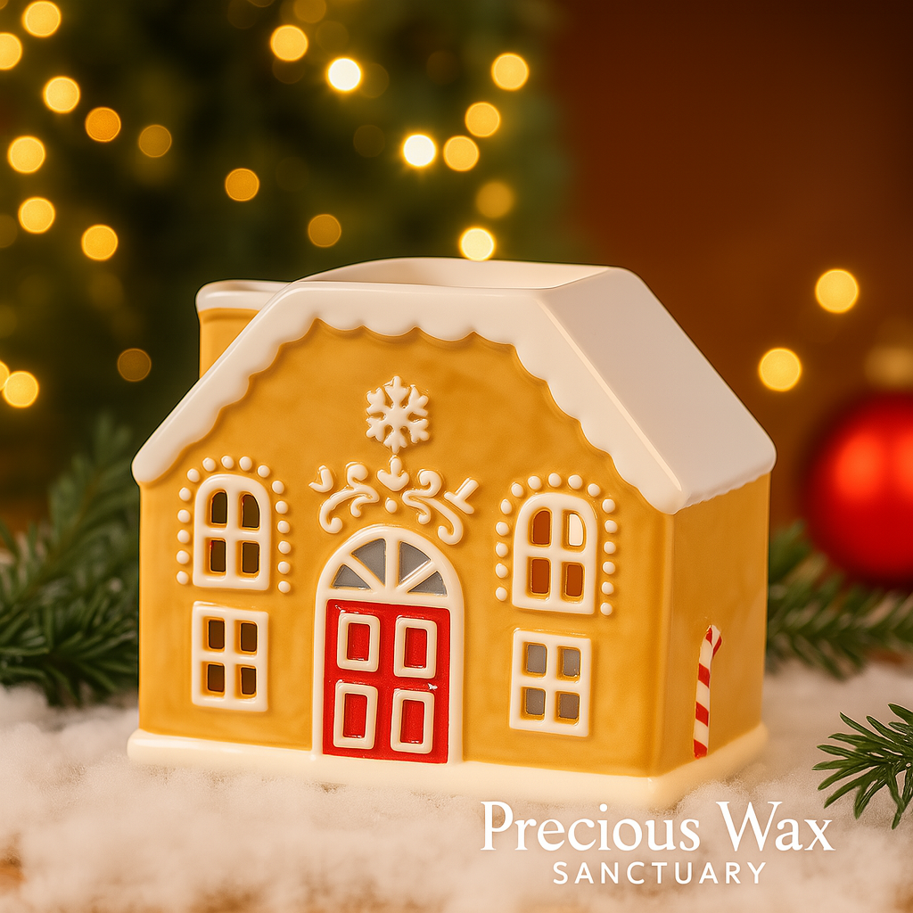 Decorative gingerbread house candle with a festive background featuring lights and greenery.