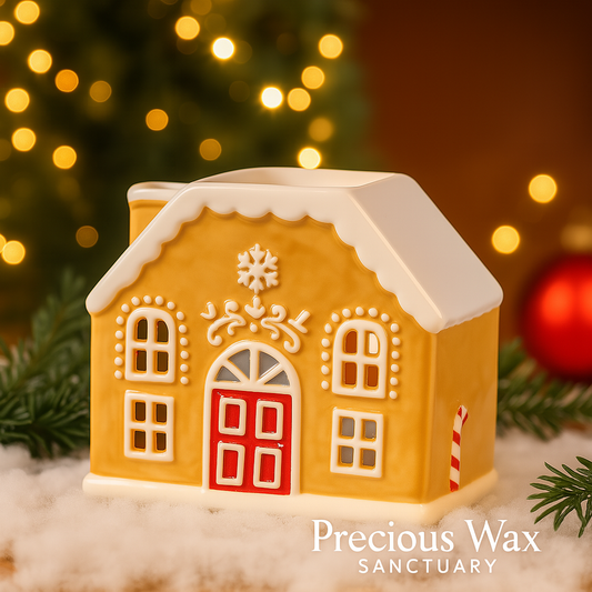 Decorative gingerbread house candle with a festive background featuring lights and greenery.