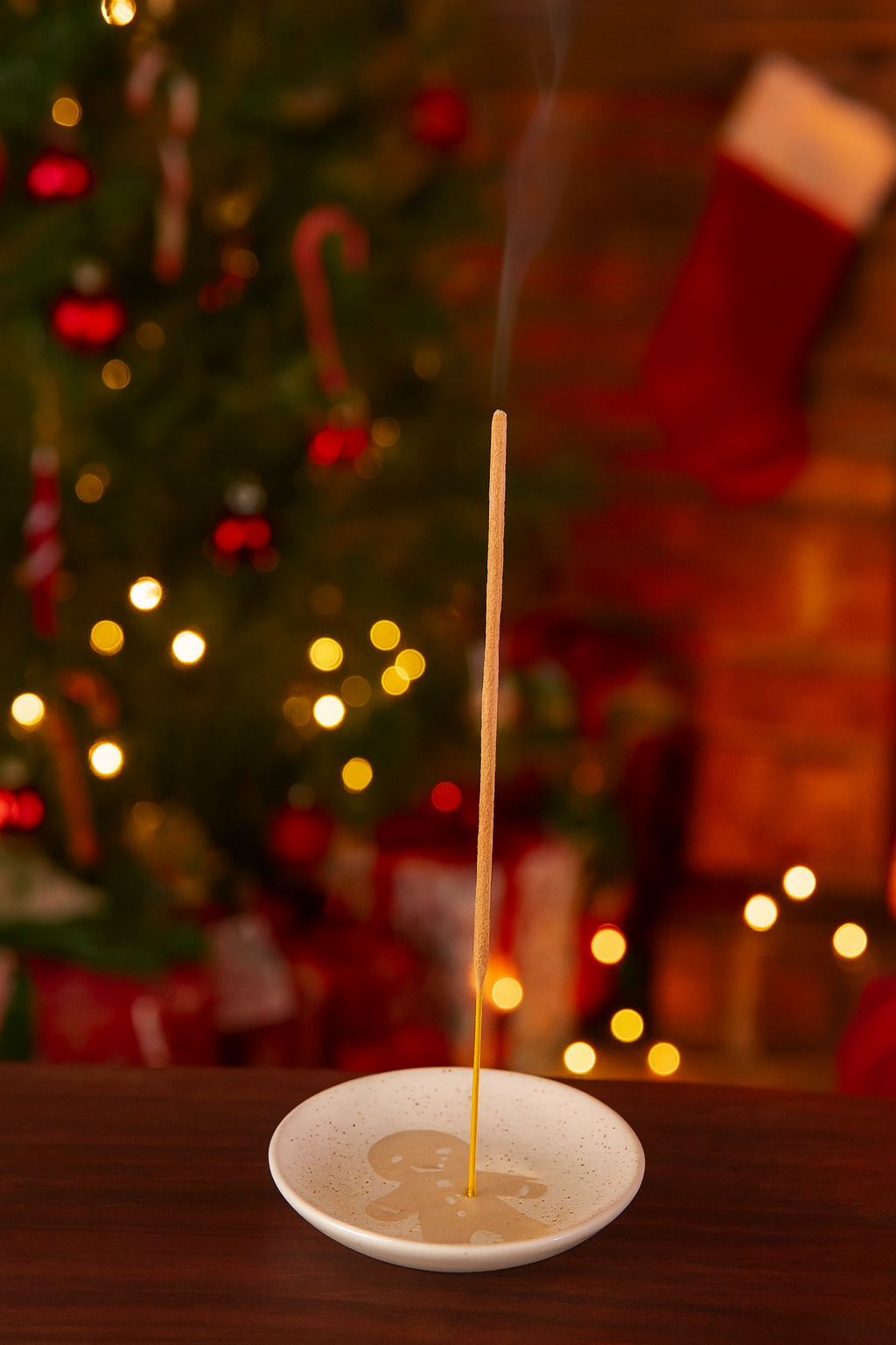 Incense stick on a white dish with a Christmas tree and stockings in the background