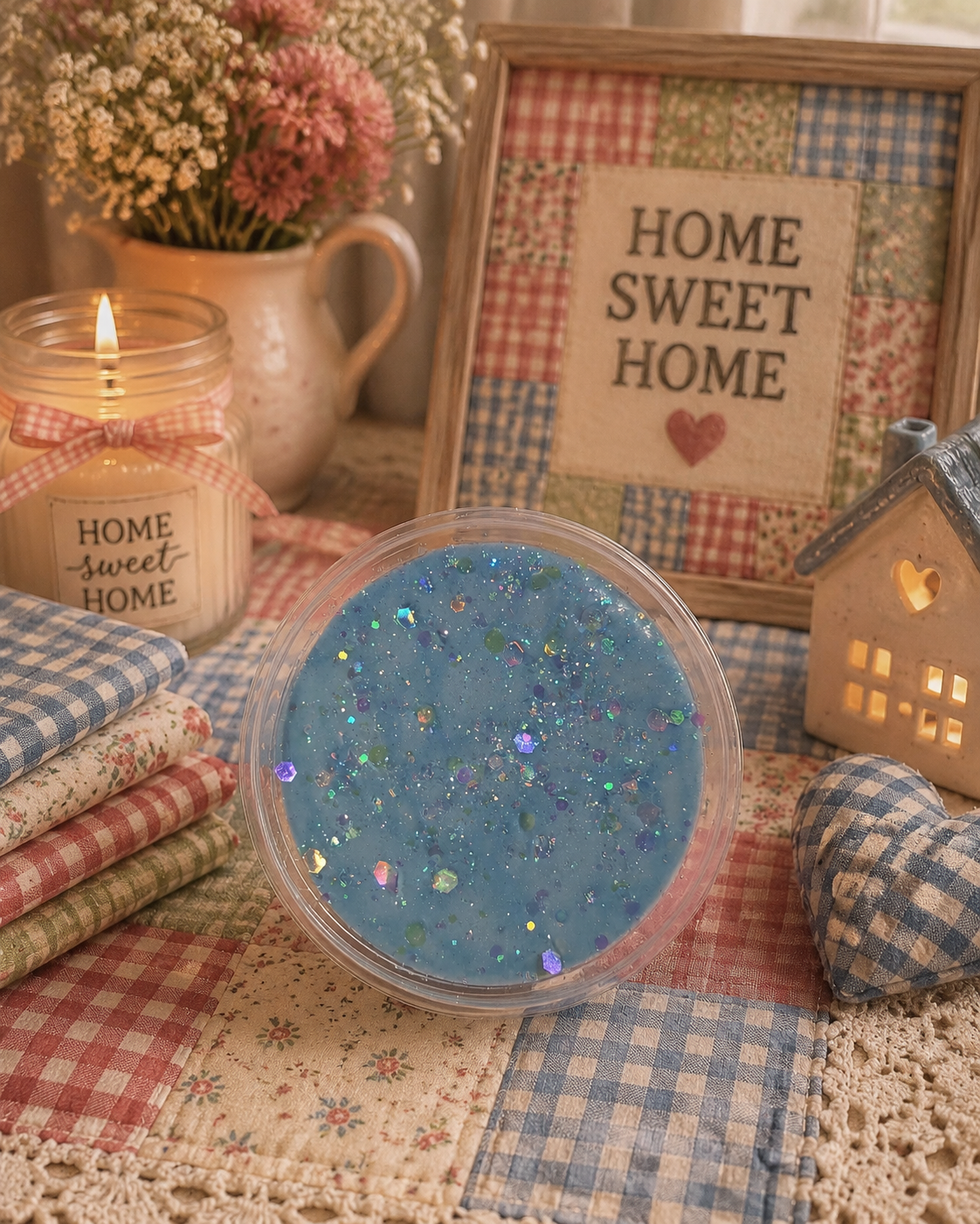 Gingham wax melt pot with matching decor.