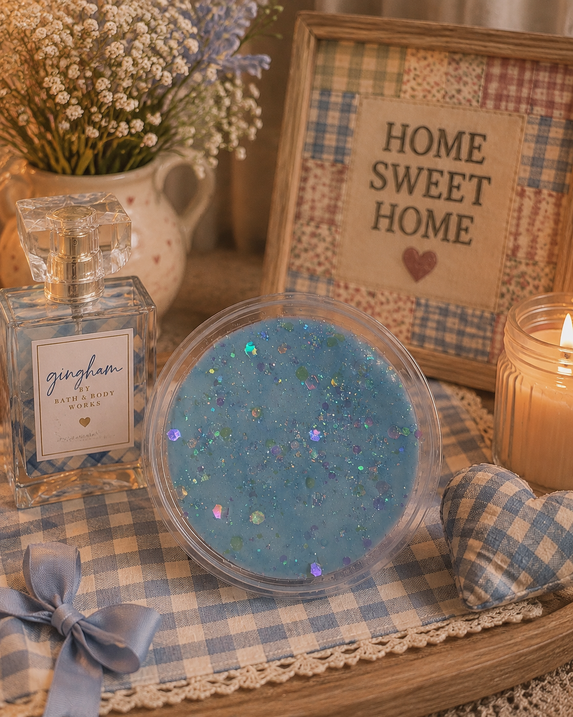 A round blue glittery candle in a clear wax melt pot, styled on a blue gingham cloth next to a Gougham perfume bottle, a lit candle, and a framed 'Home Sweet Home' sign.