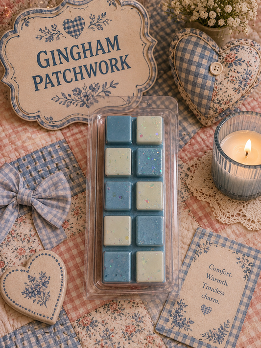 Gingham Patchwork wax melts packaging on a decorative background with candles and hearts.