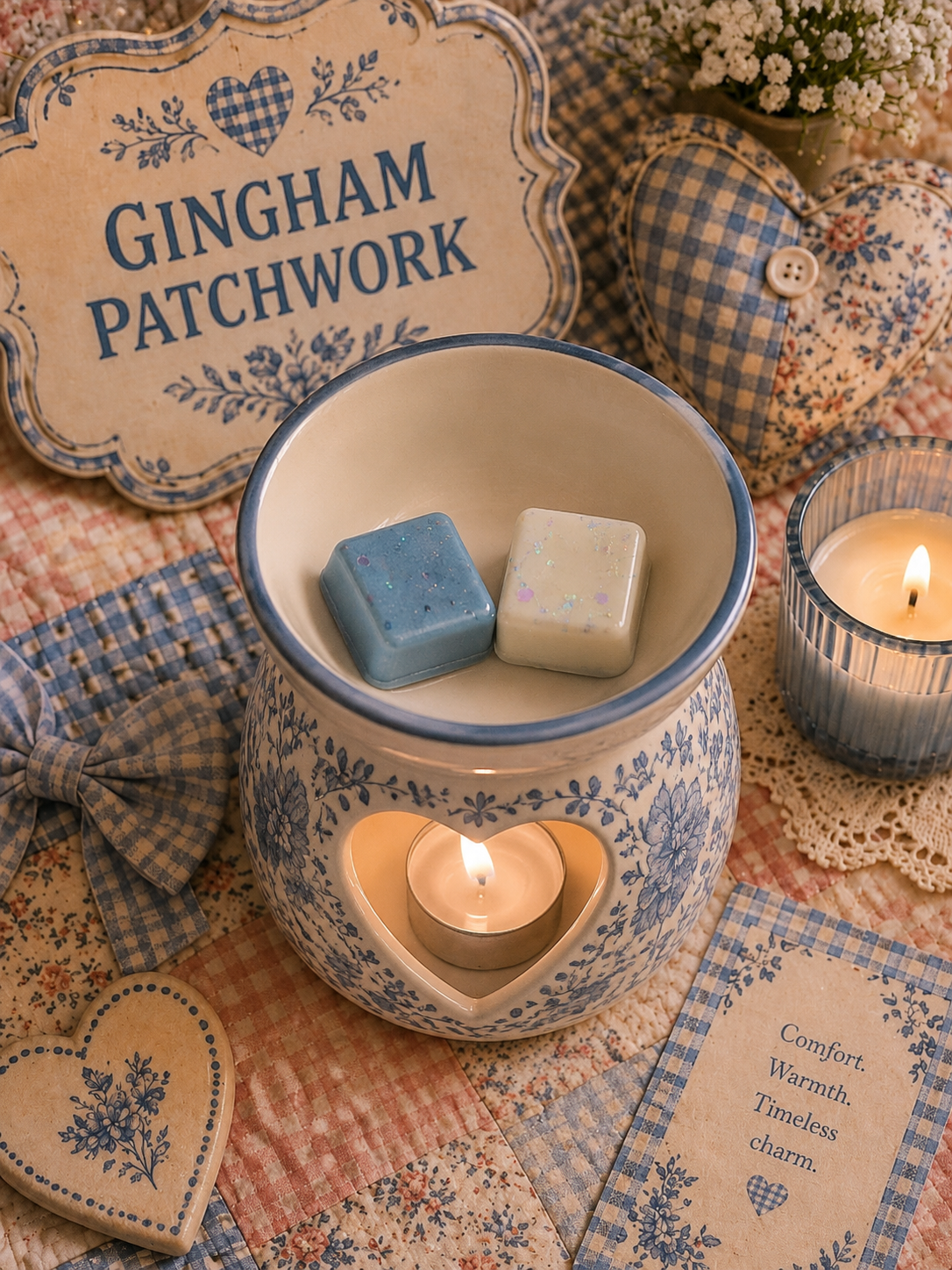 Gingham patchwork wax melts in white and blue burner with matching decor.